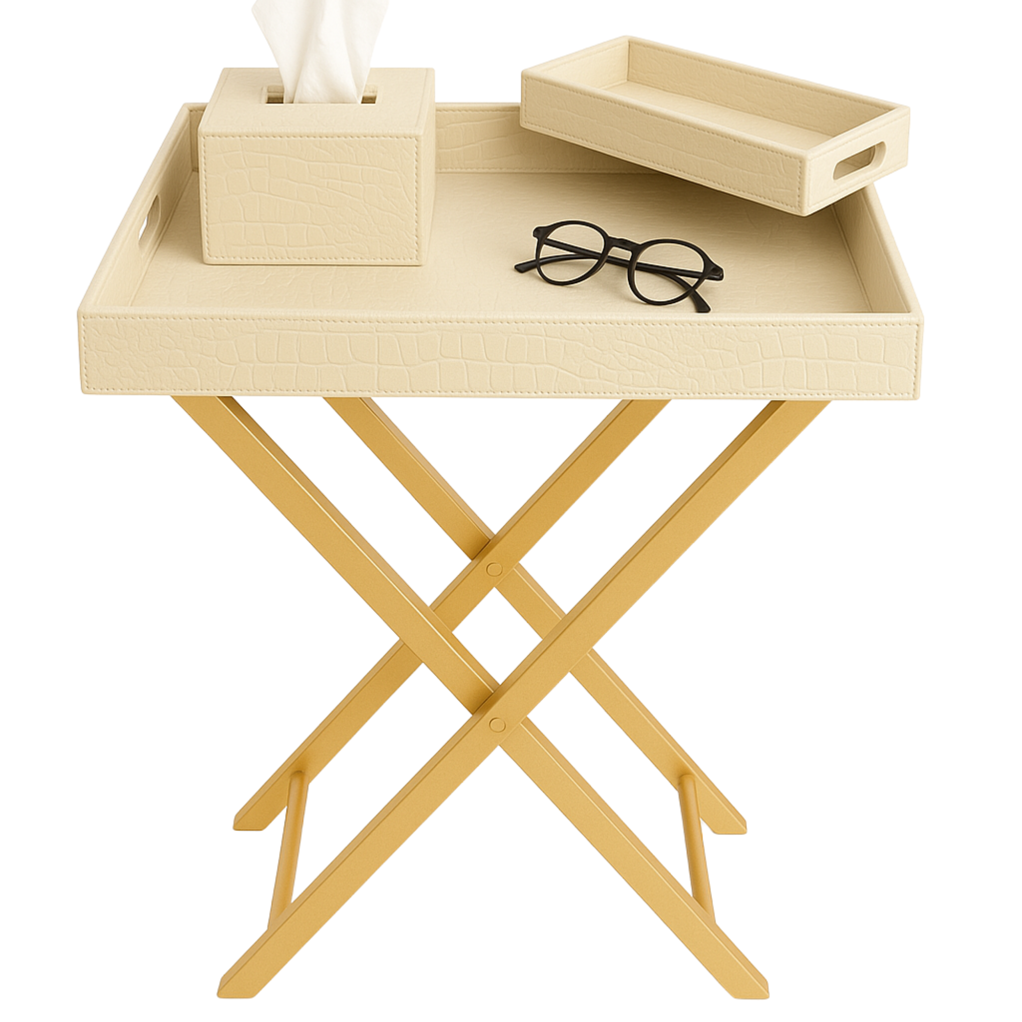 Pu Leather Foldable Tray with Metal Stand-Croco Cream