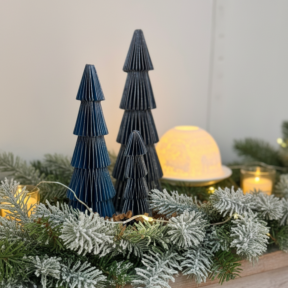 Blue Tree with silver glitter edging Set of 3