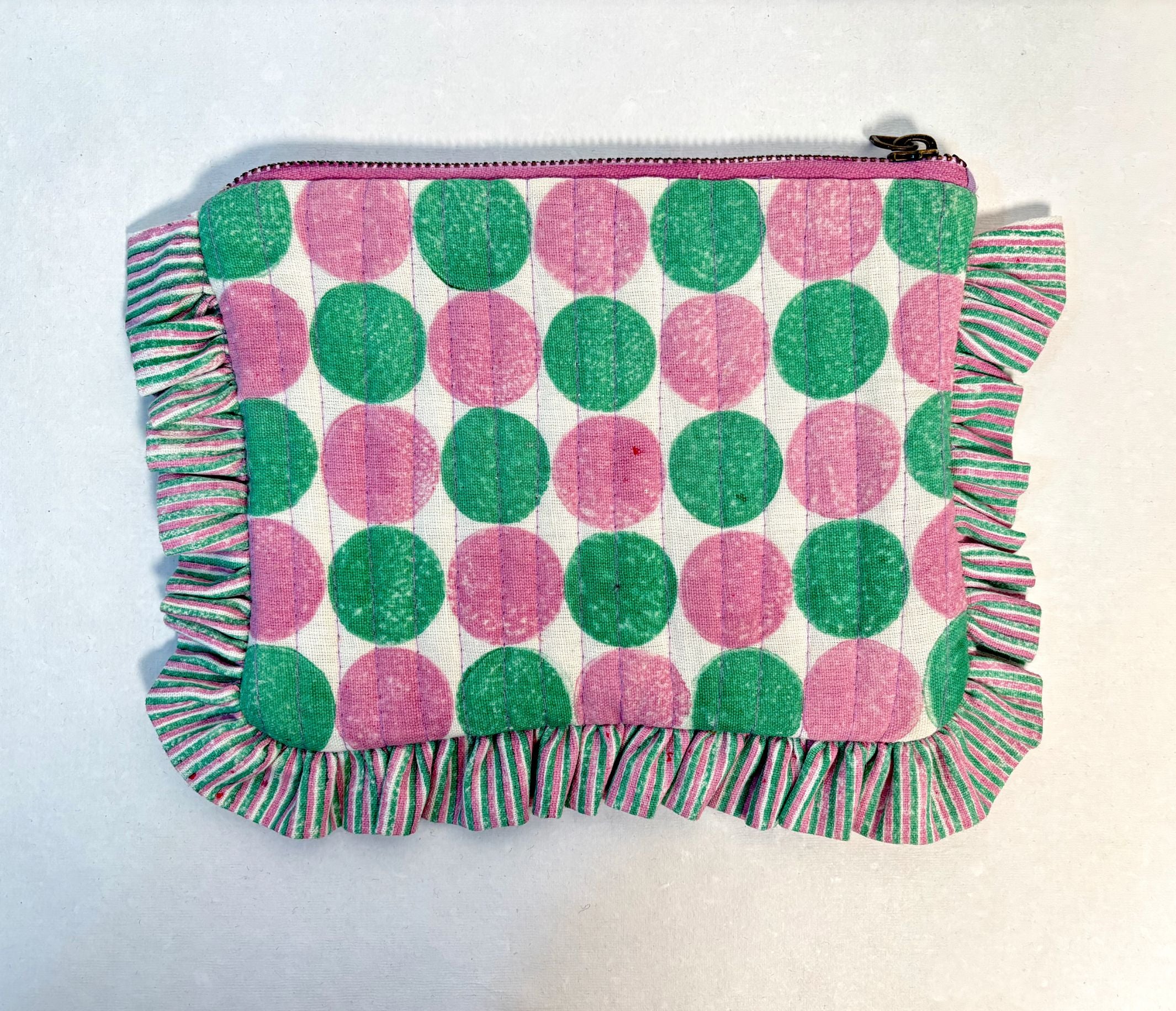 Sustainable Quilted Cotton Travel Pouch l Pebbles Purple & Green Organizer