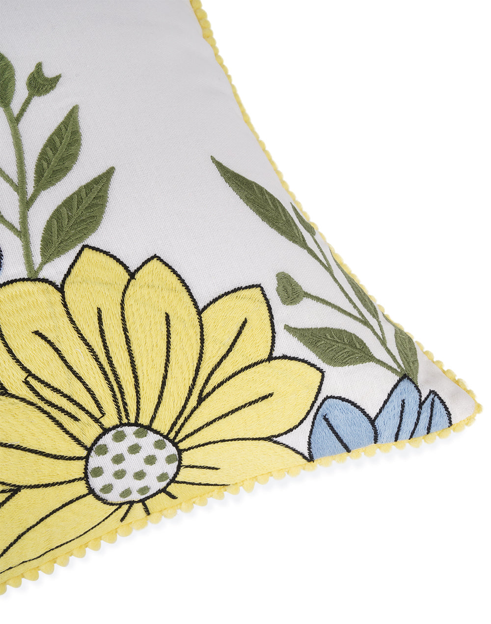 Set Of 2 - Off White Floral Embroidery Cotton Cushion Cover - 16"X16"