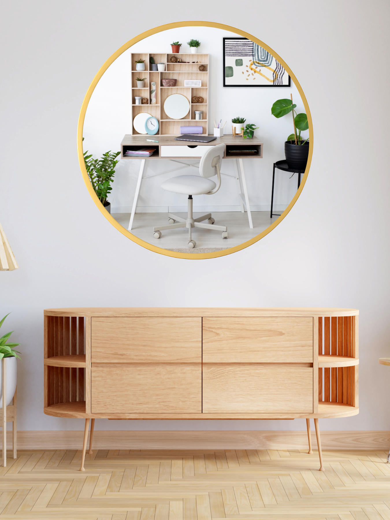 Gold Round Mirror in Steel Frame