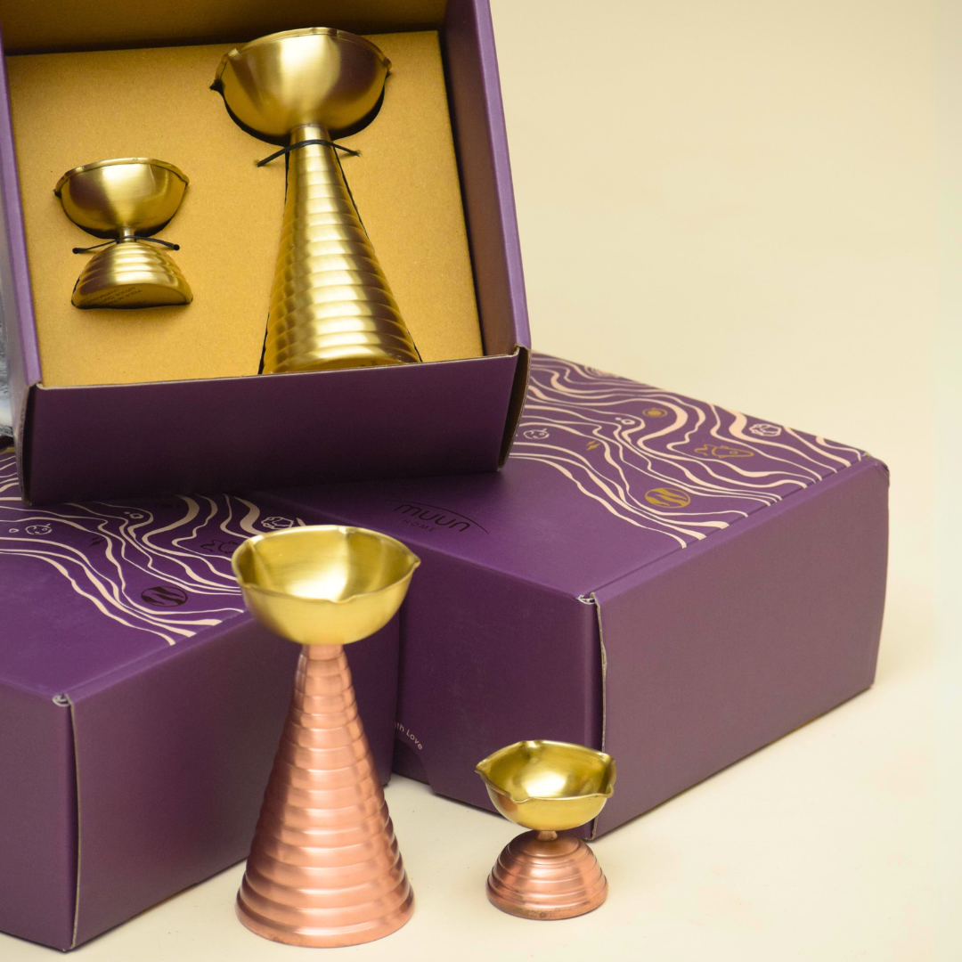 Brass Copper Diya Pair Gift Set - Tall & Short Diyas