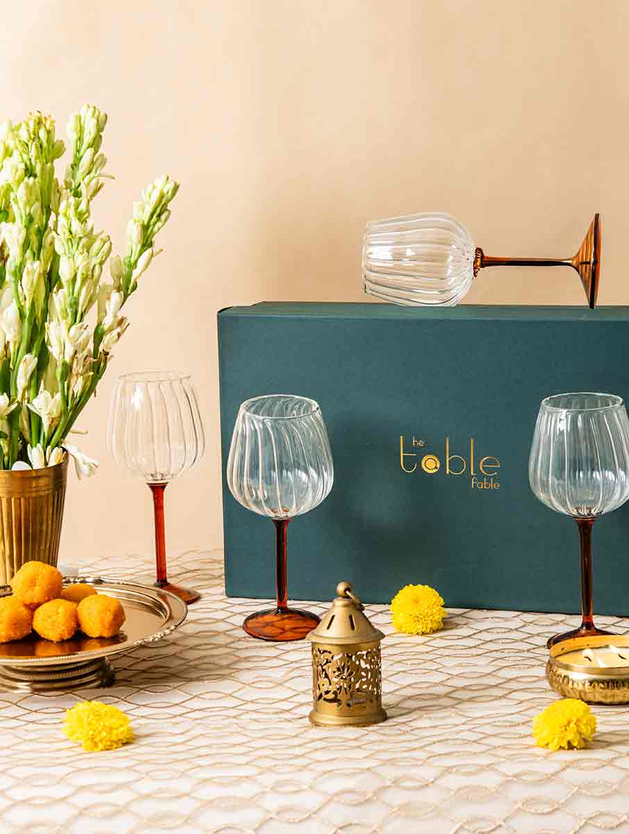 Ribbed Goblet Wine Glass Gift Box - Amber Stem