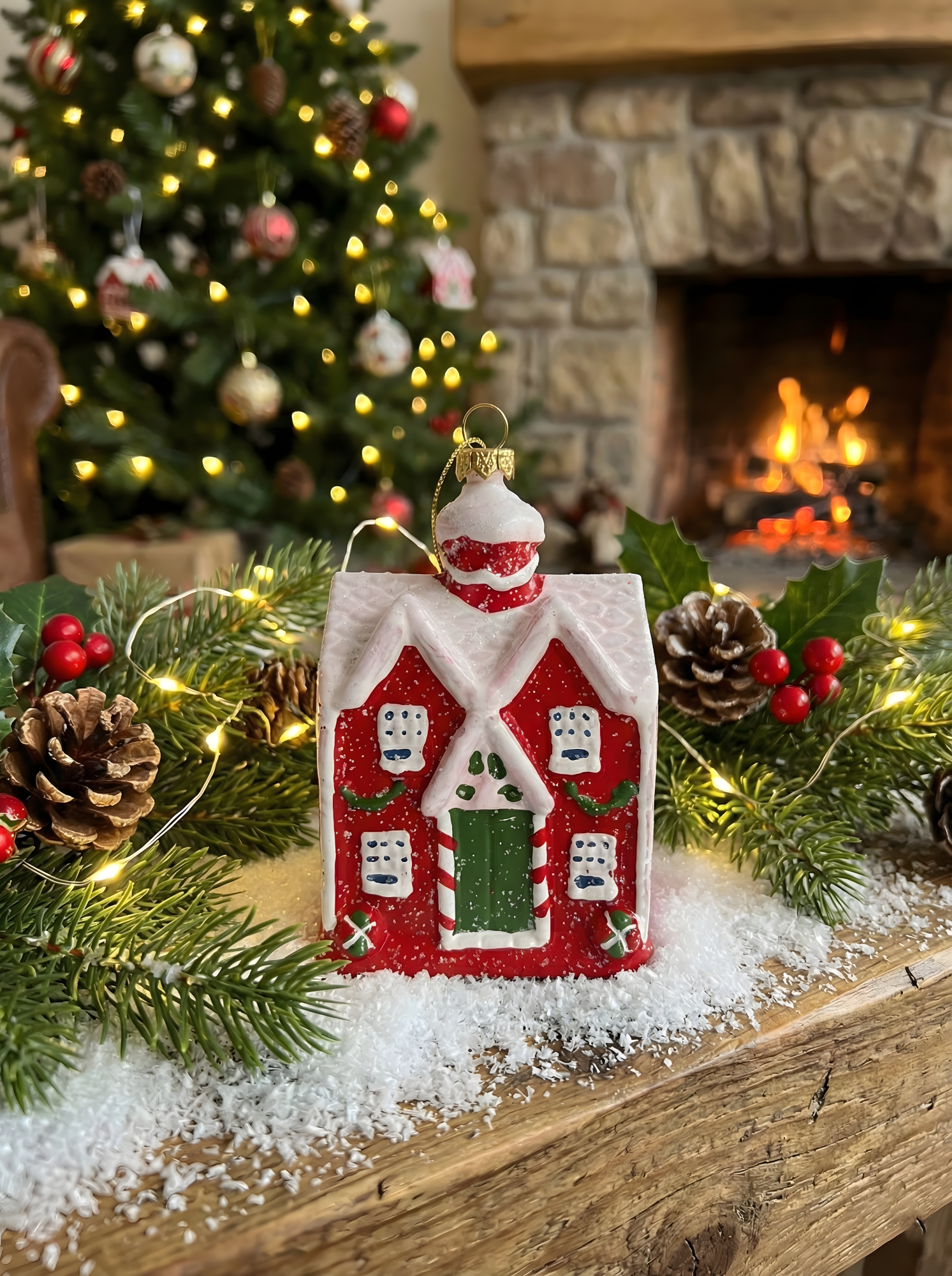 Christmas Tree Ornaments Set of 2 – Snowy Cottage and White Reindeer