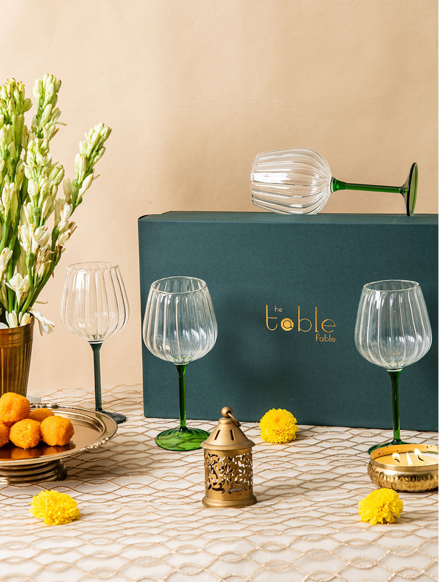 Ribbed Goblet Wine Glass Gift Box - Green Stem
