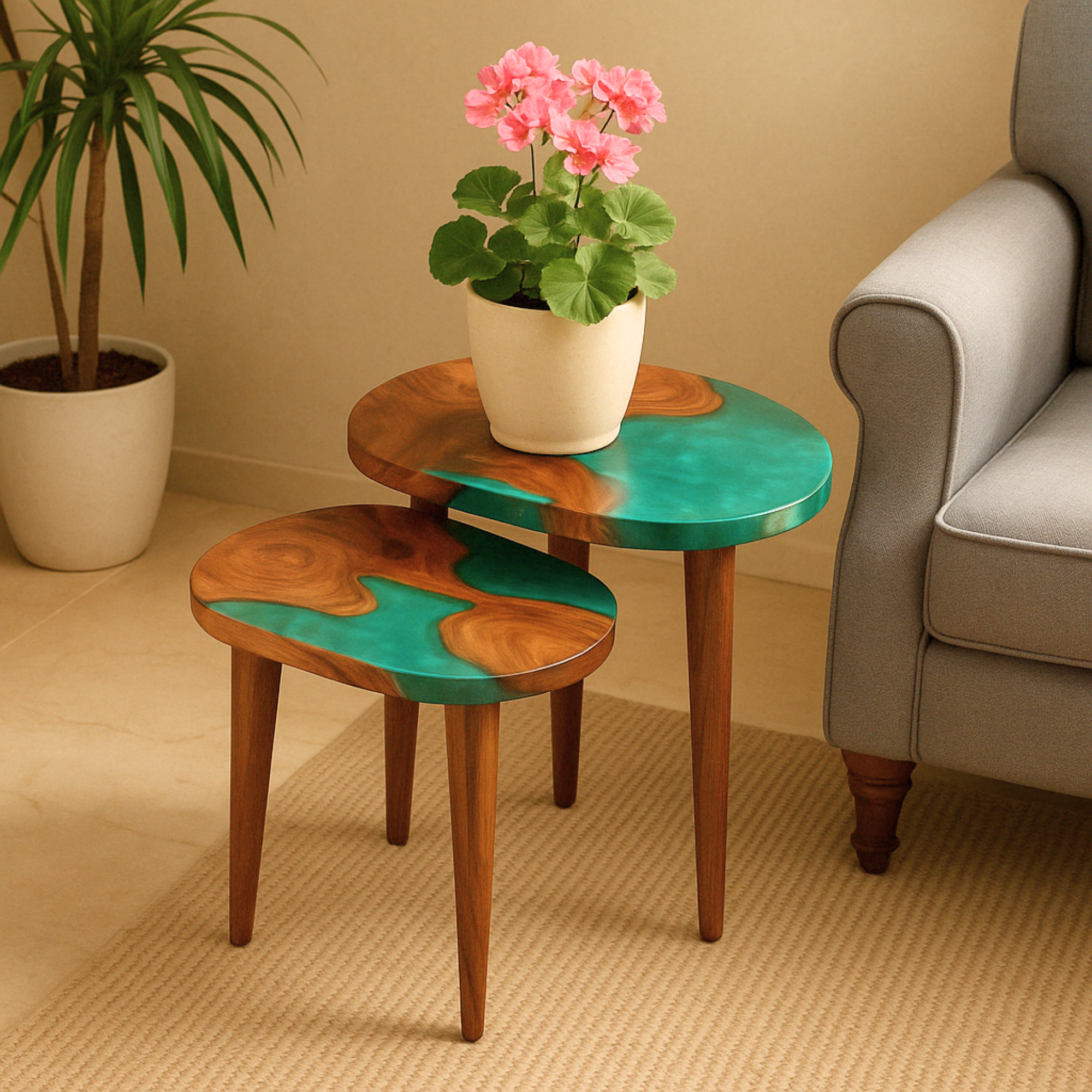 Set of 2 Nesting Tables – Teak Wood with Clear Resin Finish