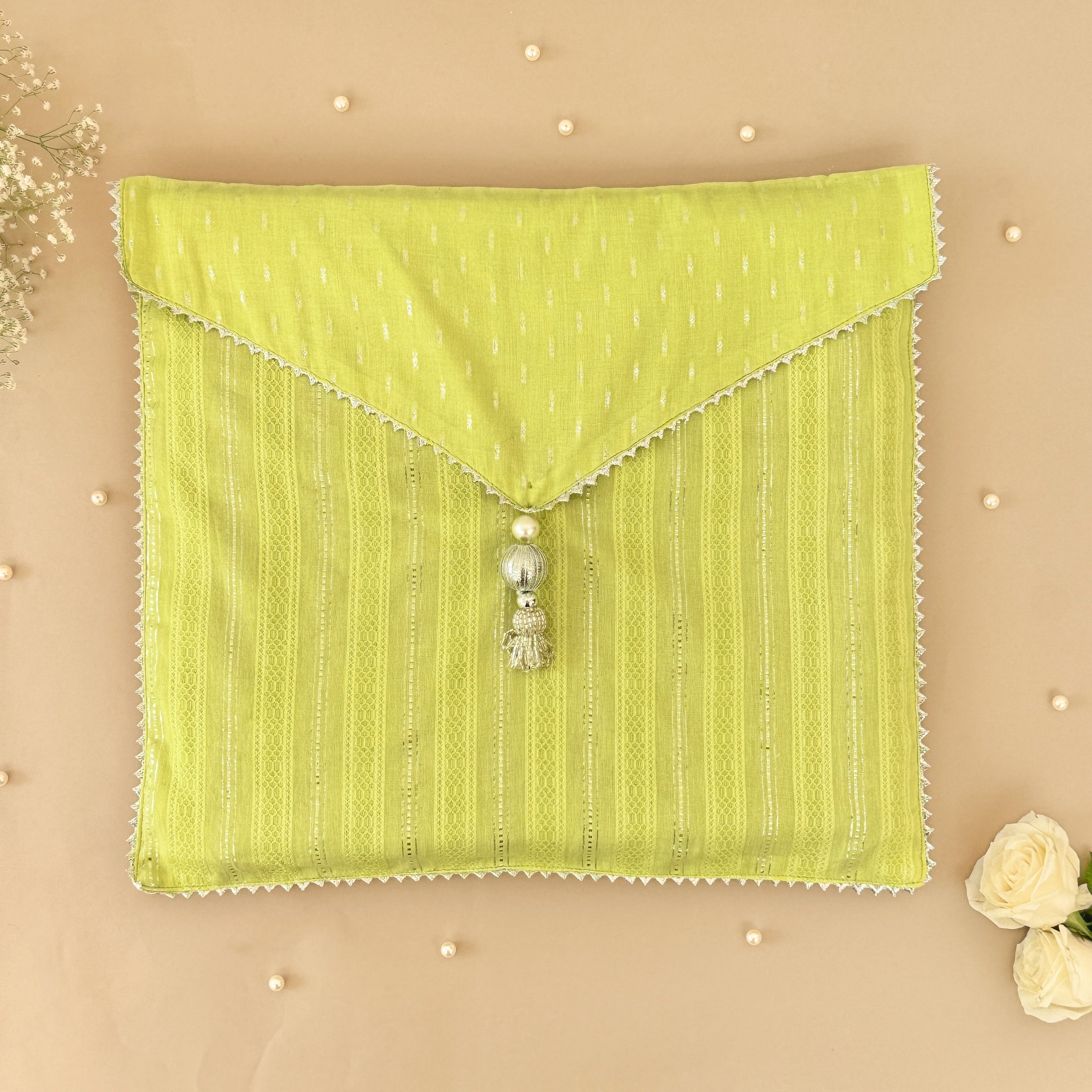 Green & Silver-Striped Saree/Stole Cases