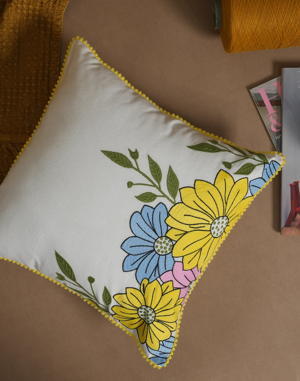 Set Of 2 - Off White Floral Embroidery Cotton Cushion Cover - 16"X16"