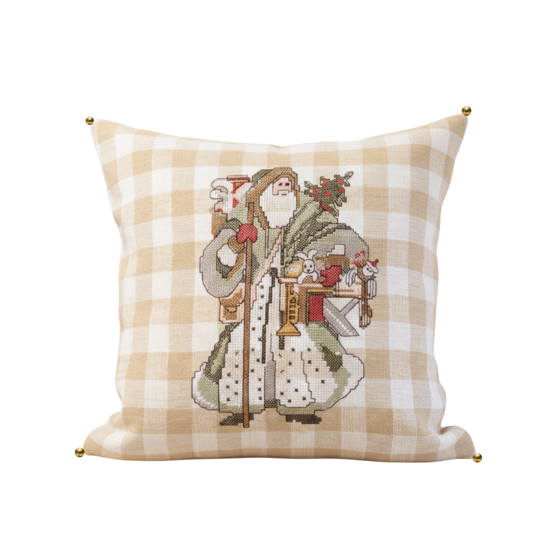 Christmas - Cushion Covers (16"X16") gingham backdrop, embroidered Vintage Santa