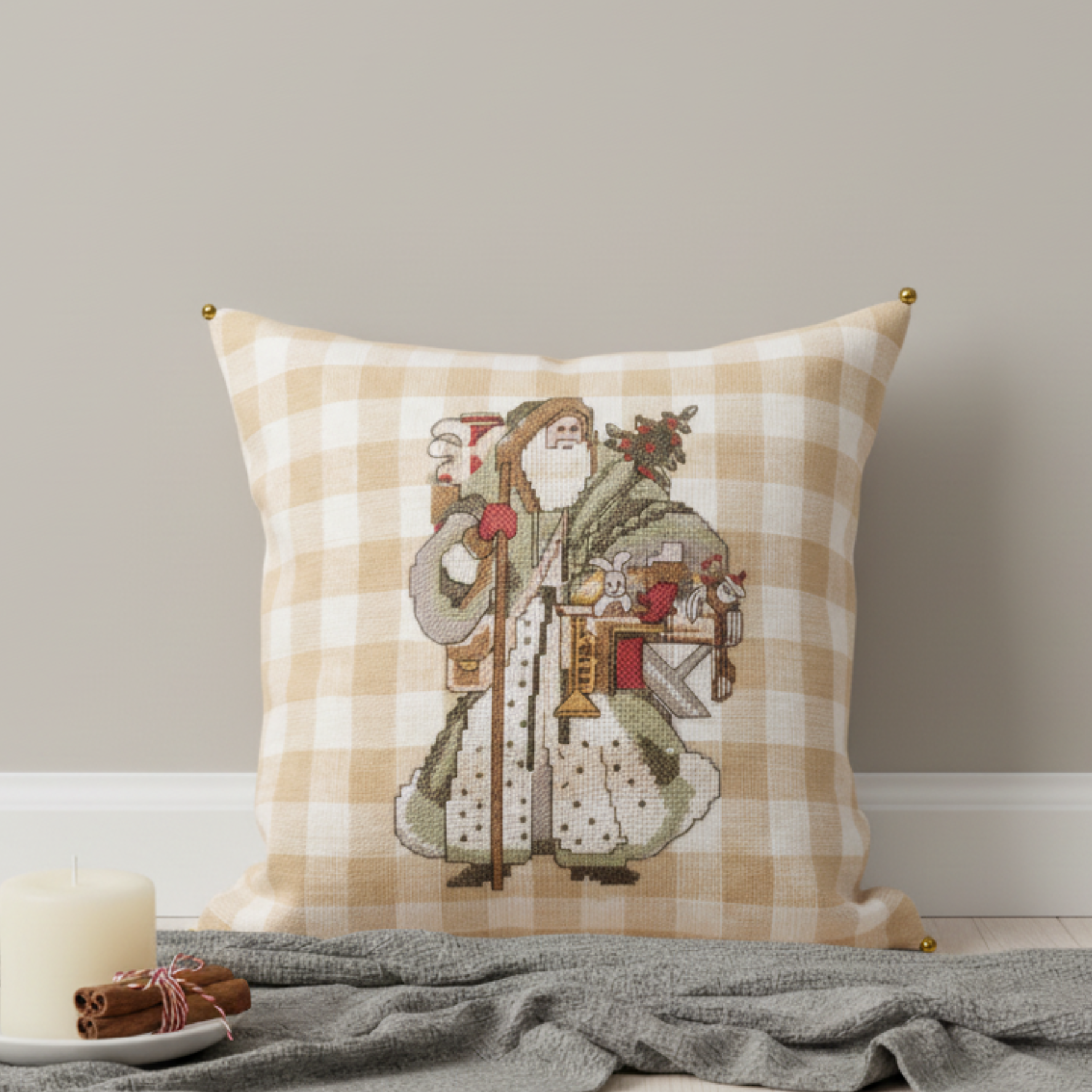 Christmas Linen - Cushion Covers (16"X16") gingham backdrop, embroidered Vintage Santa