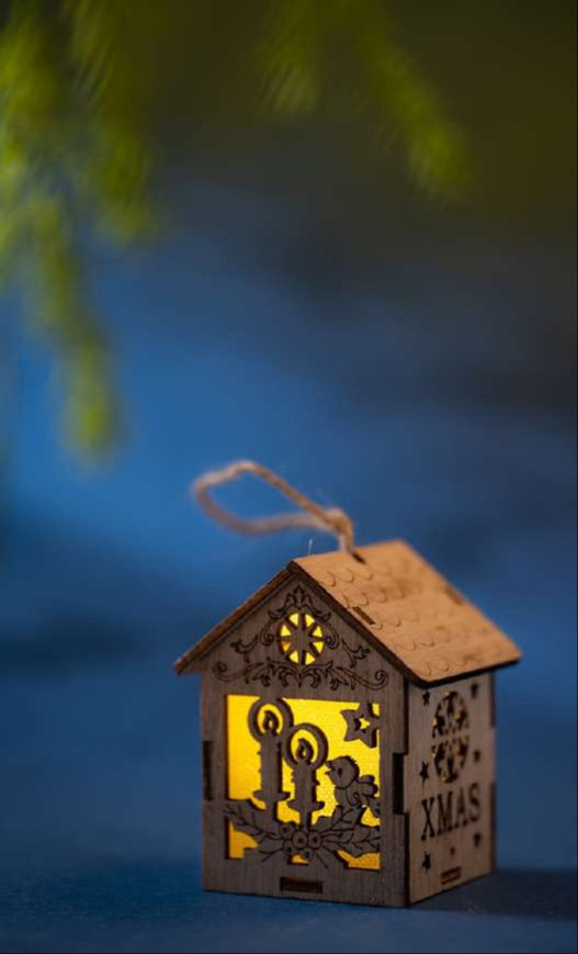Wooden House Hanging Ornament with Candle Cutouts_CC55