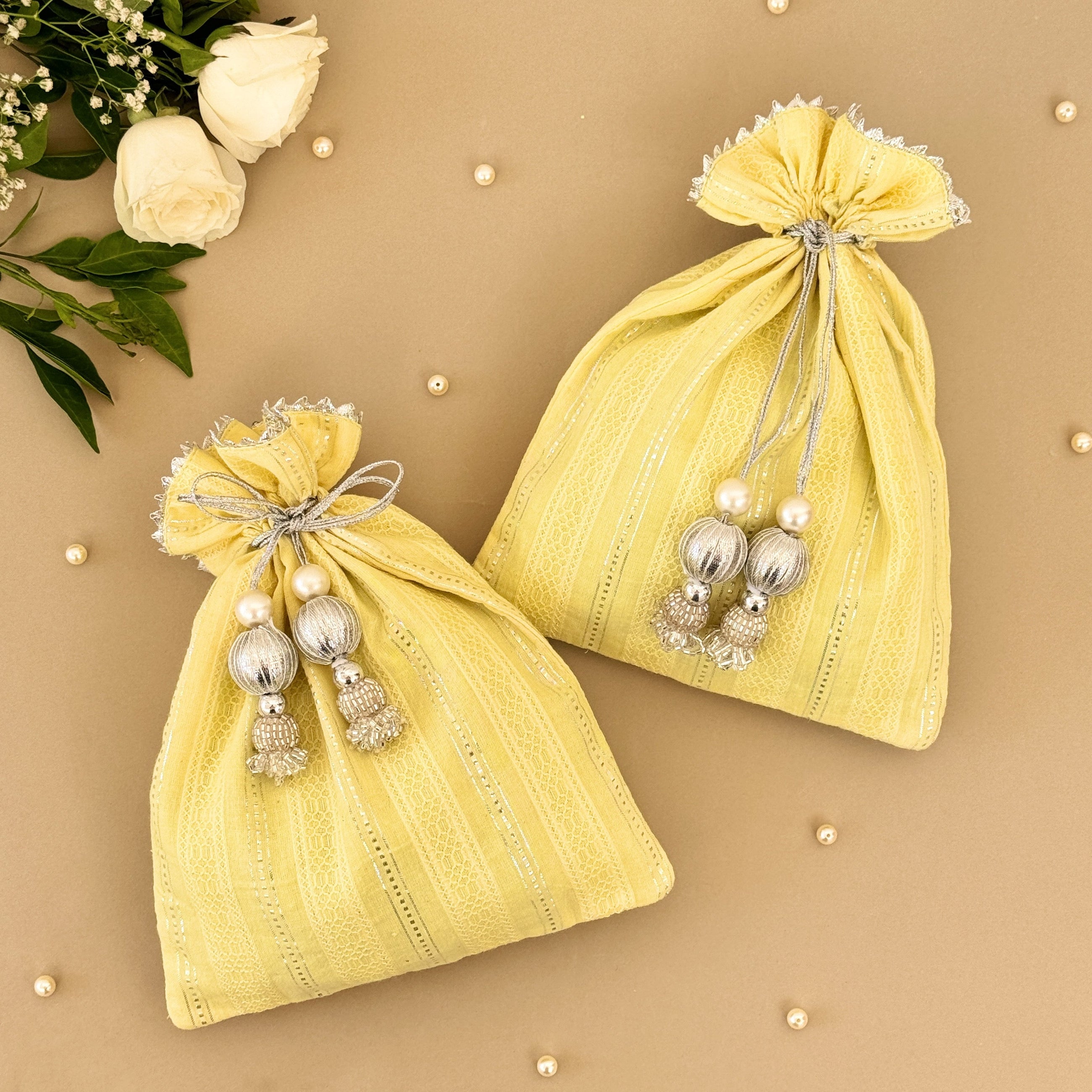 Yellow & Silver Striped Batwa Bags -Medium (Set of 2)