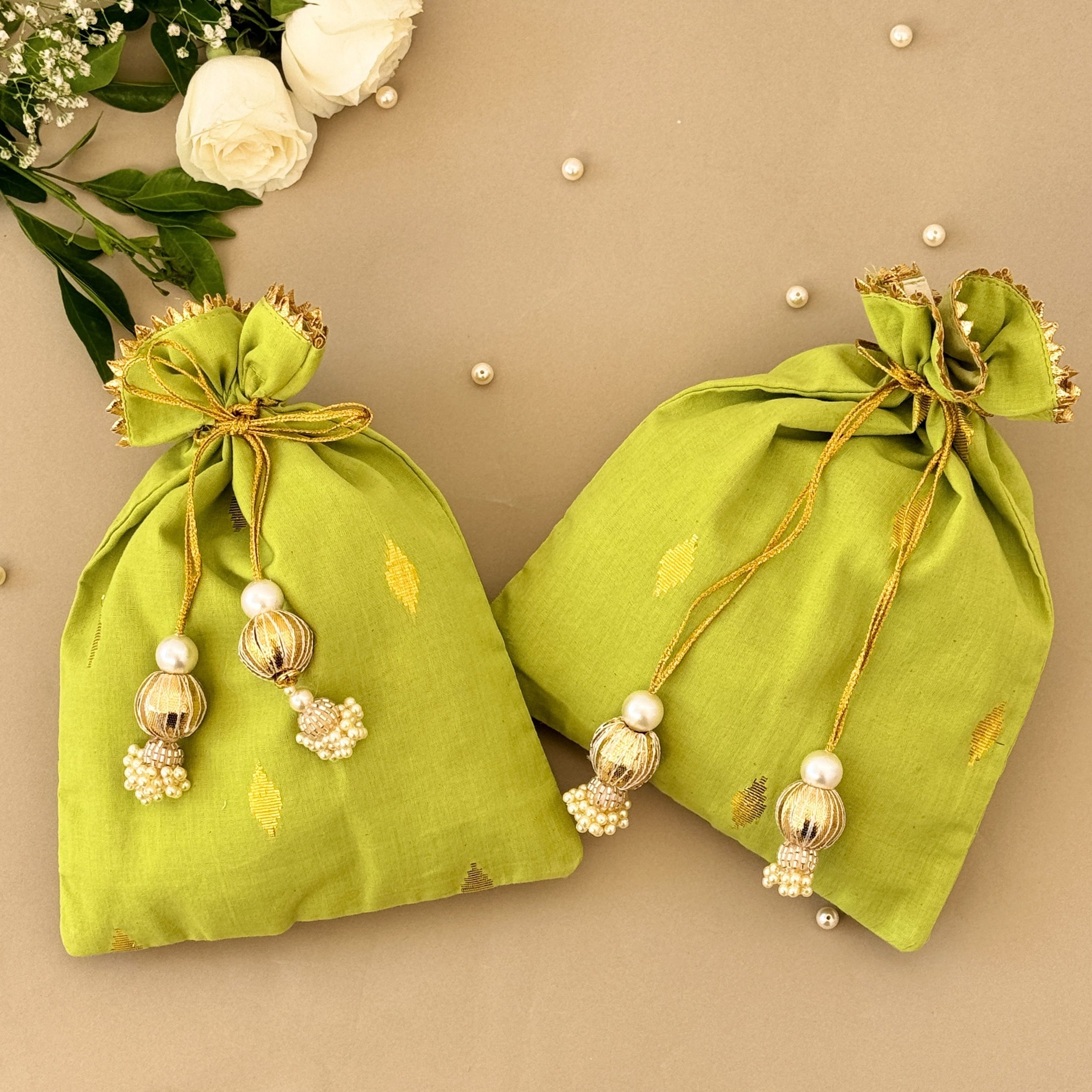 Green & Gold Patola Batwa Bags-Medium (Set of 2)
