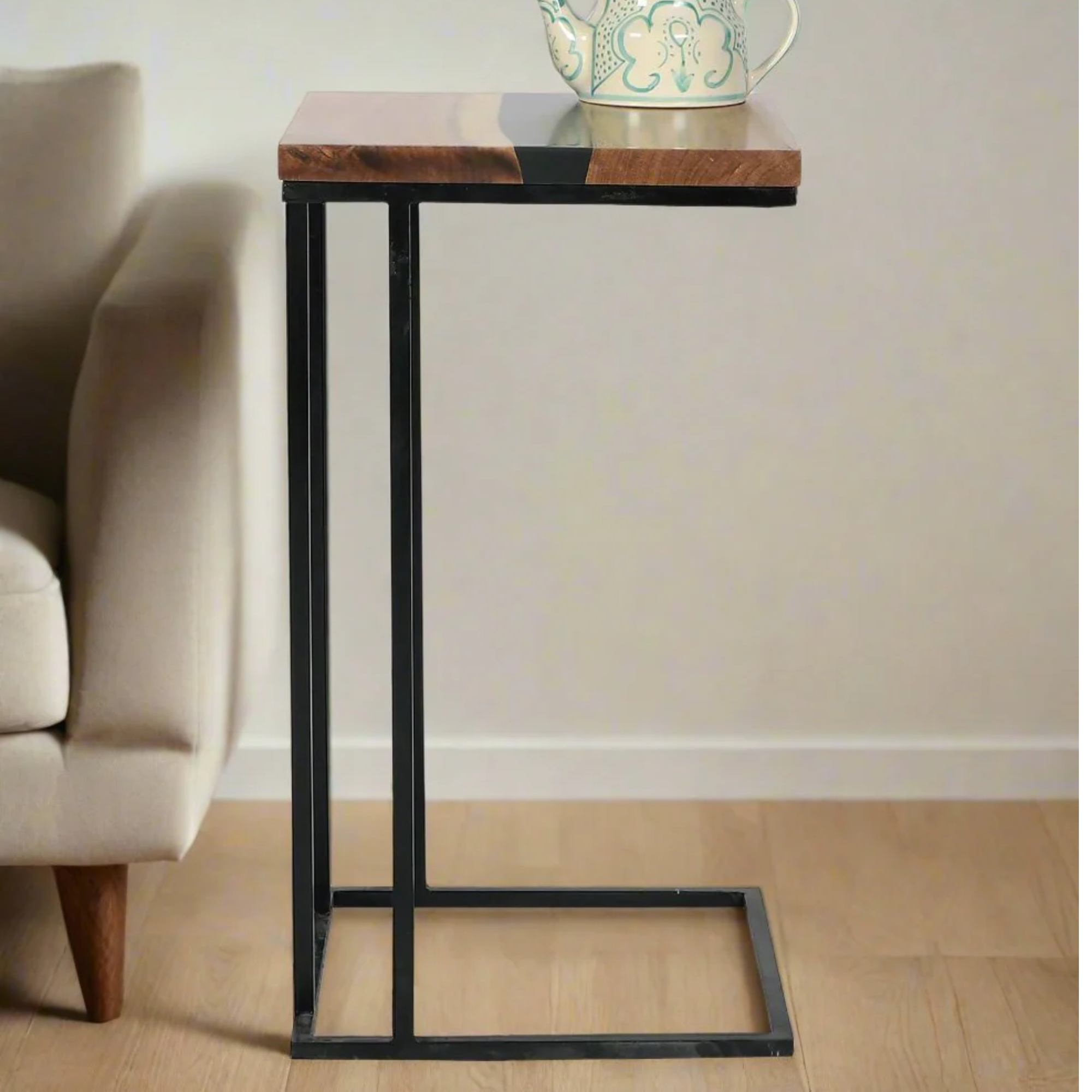 C-Shaped Table – Acacia Wood with Black Resin Finish