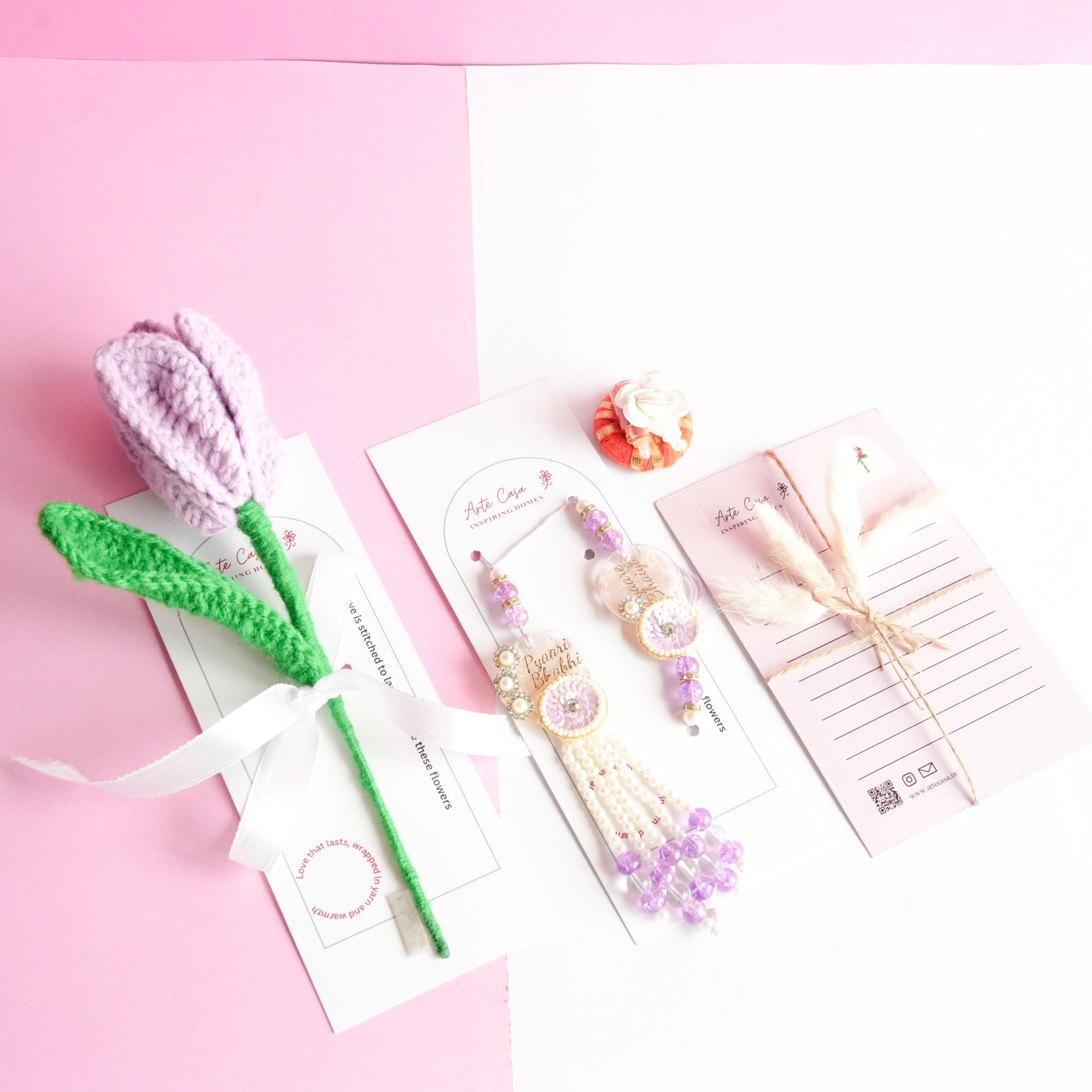 Handcrafted Tulip crochet Rakhi hamper (Light Purple)