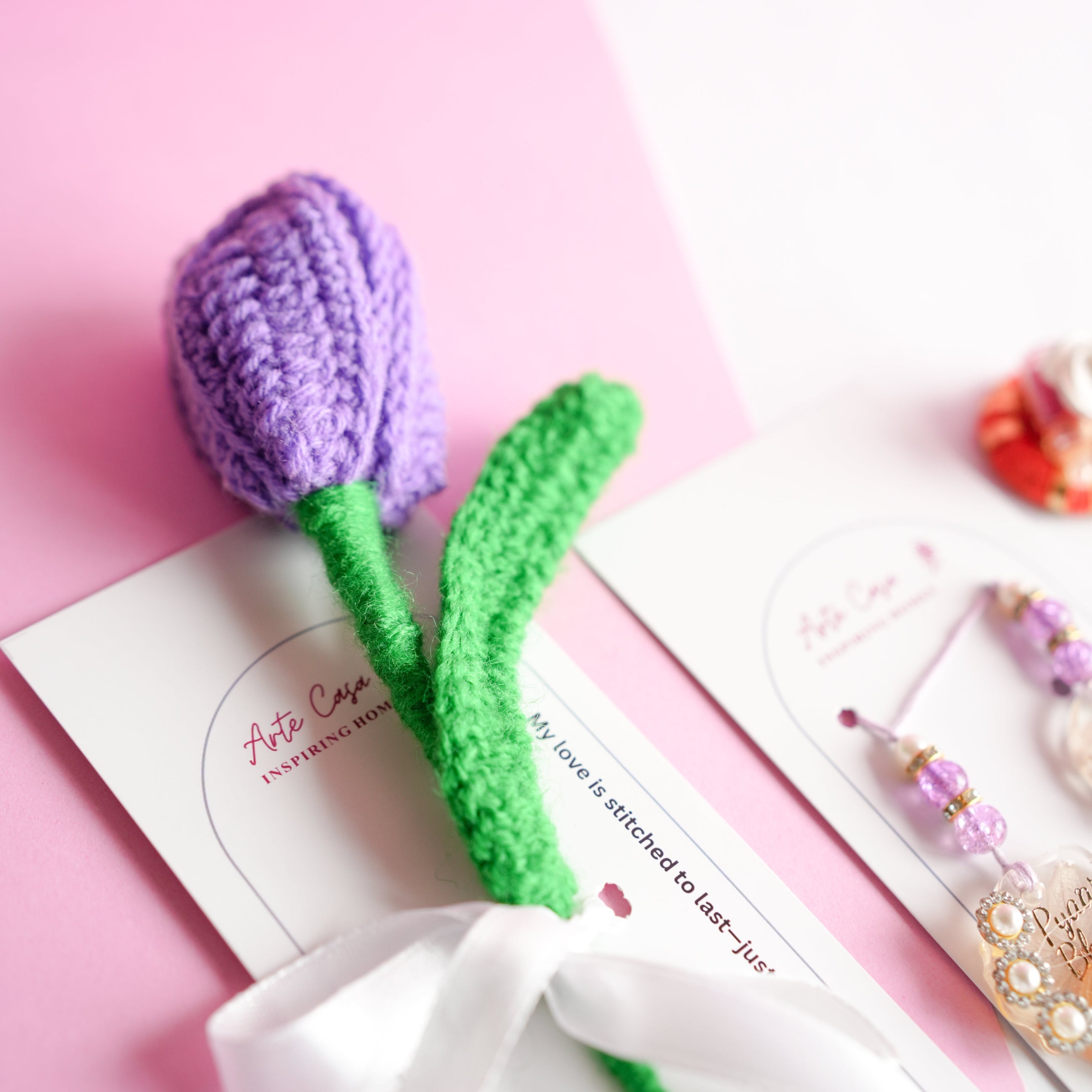 Handcrafted Tulip crochet Rakhi hamper (Dark Purple)