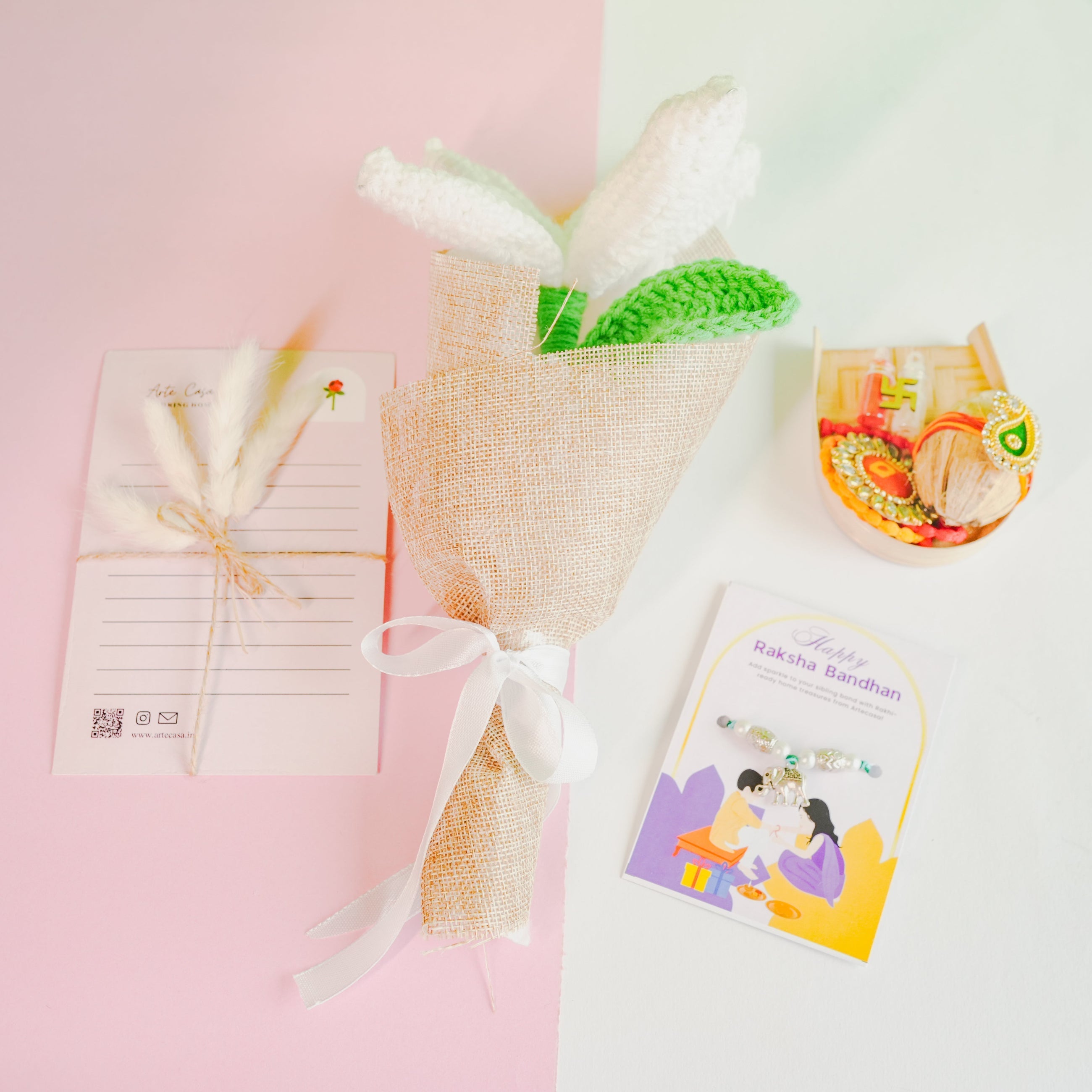 Handcrafted crochet lily Rakhi hamper (White)