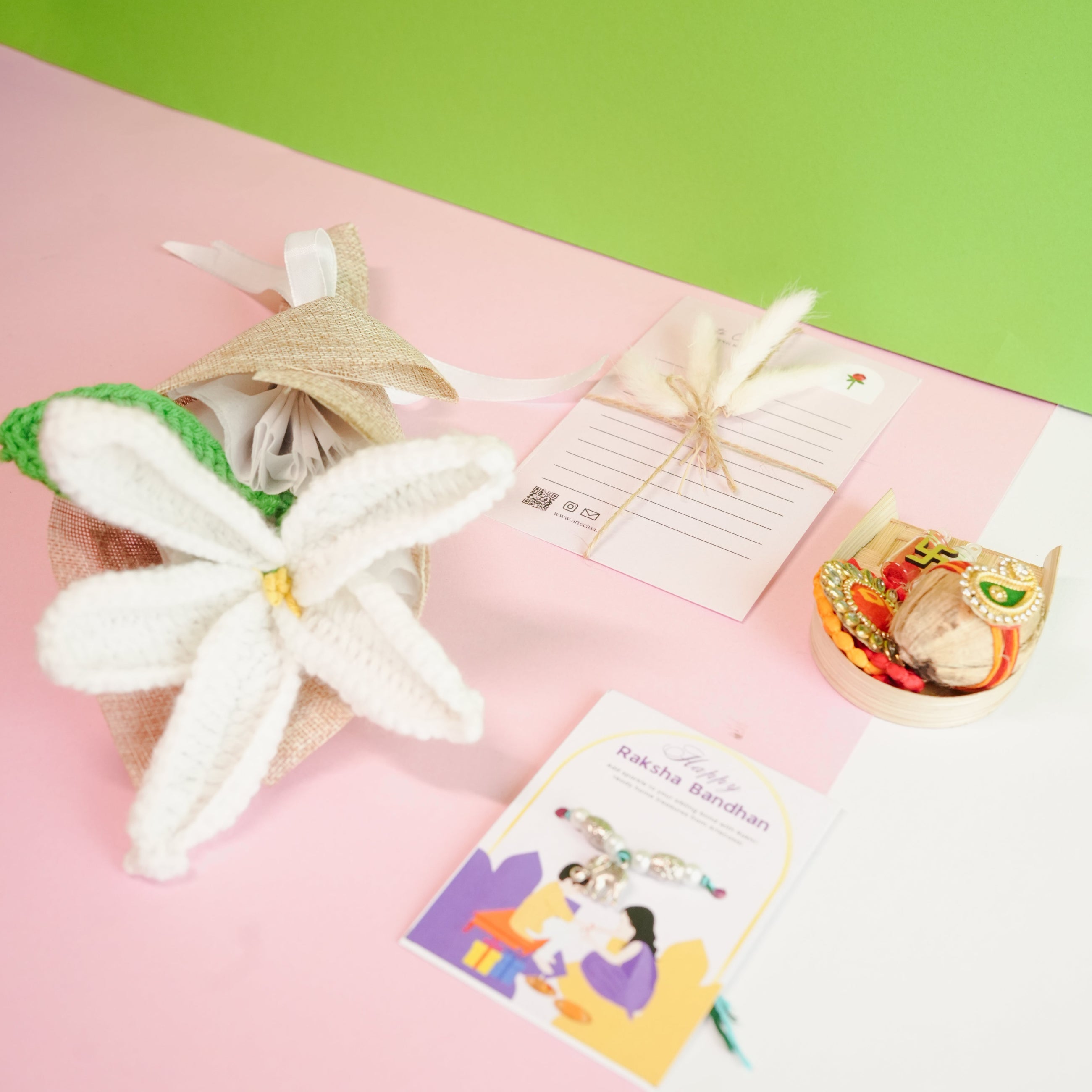 Handcrafted crochet lily Rakhi hamper (White)