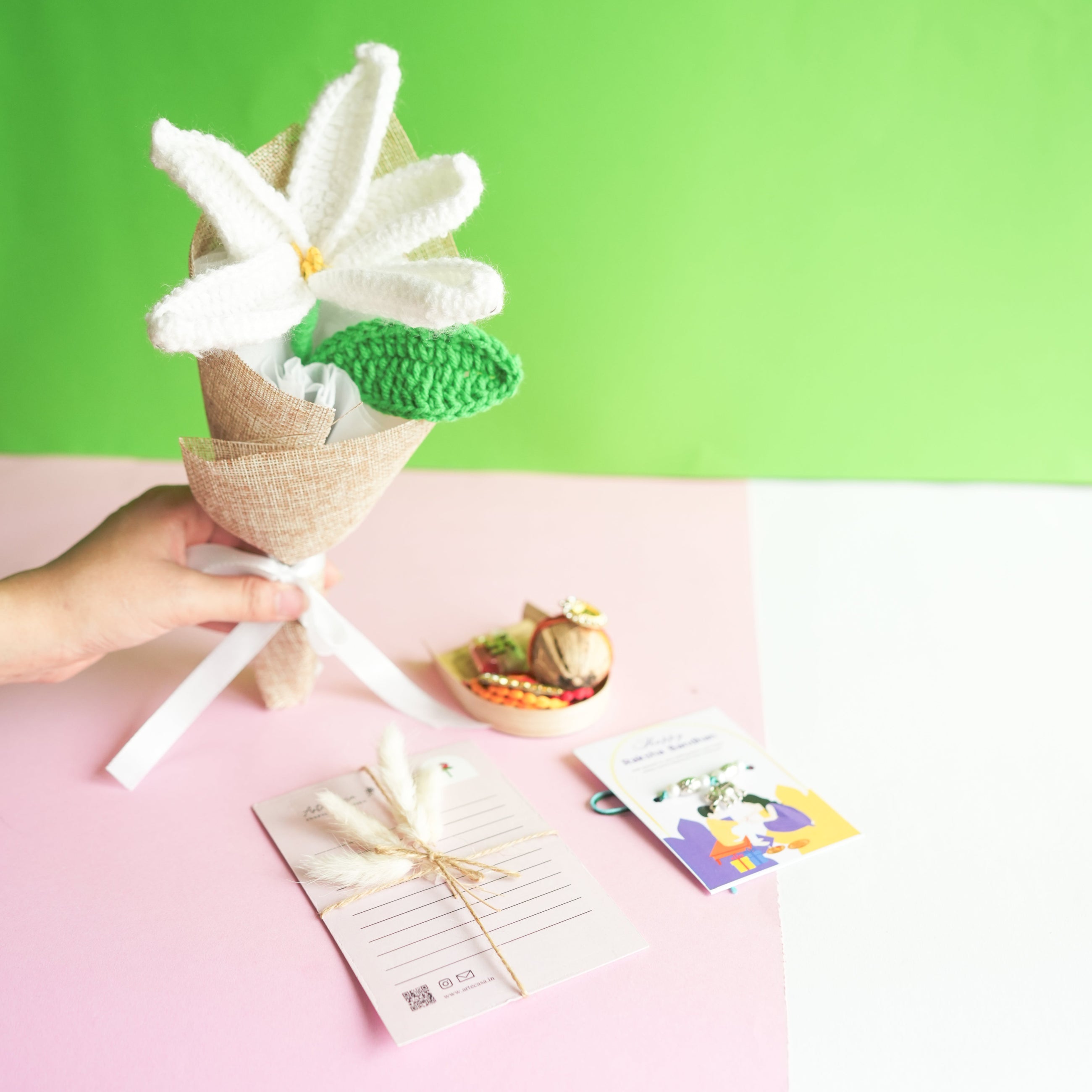 Handcrafted crochet lily Rakhi hamper (White)