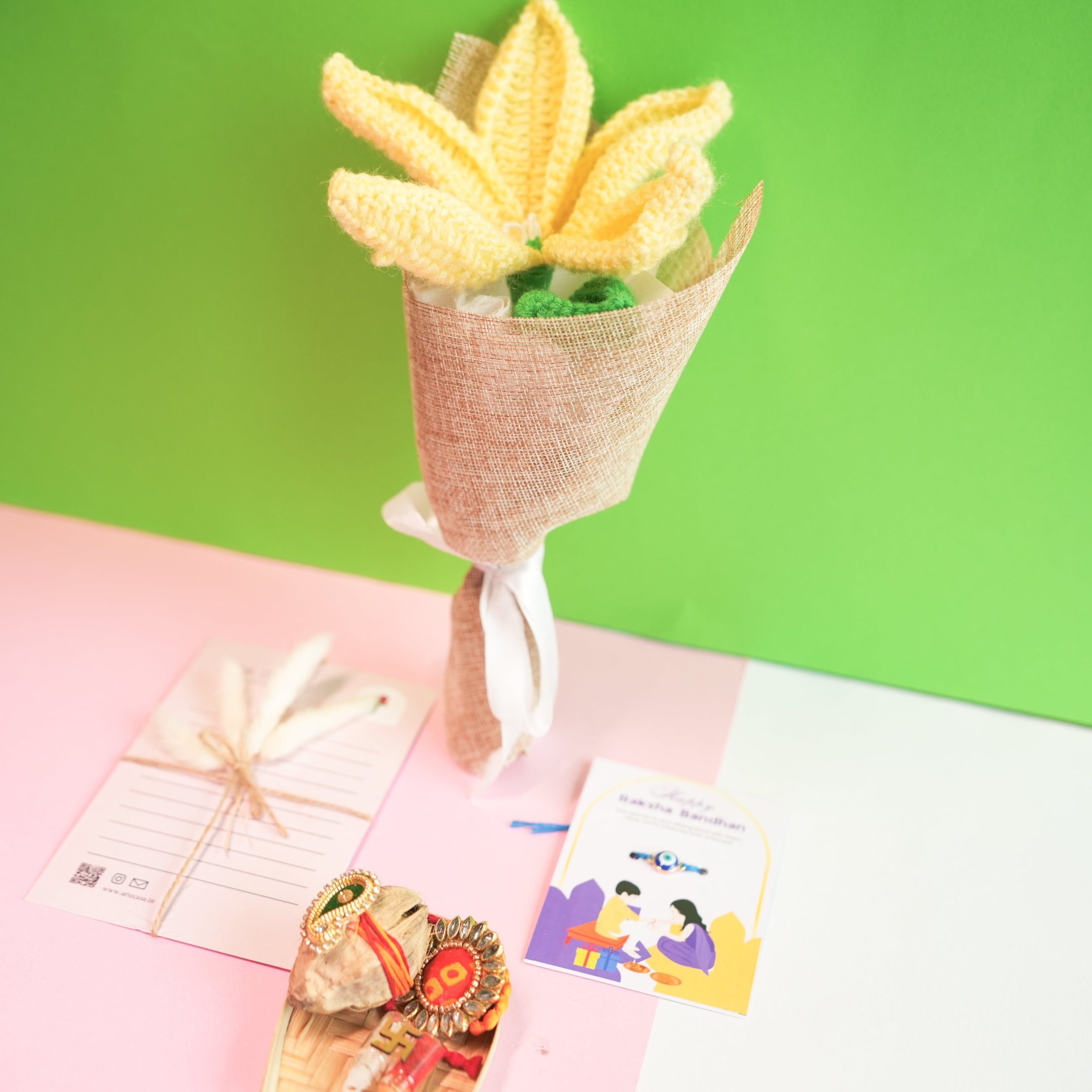 Handcrafted crochet lily Rakhi hamper (Yellow)