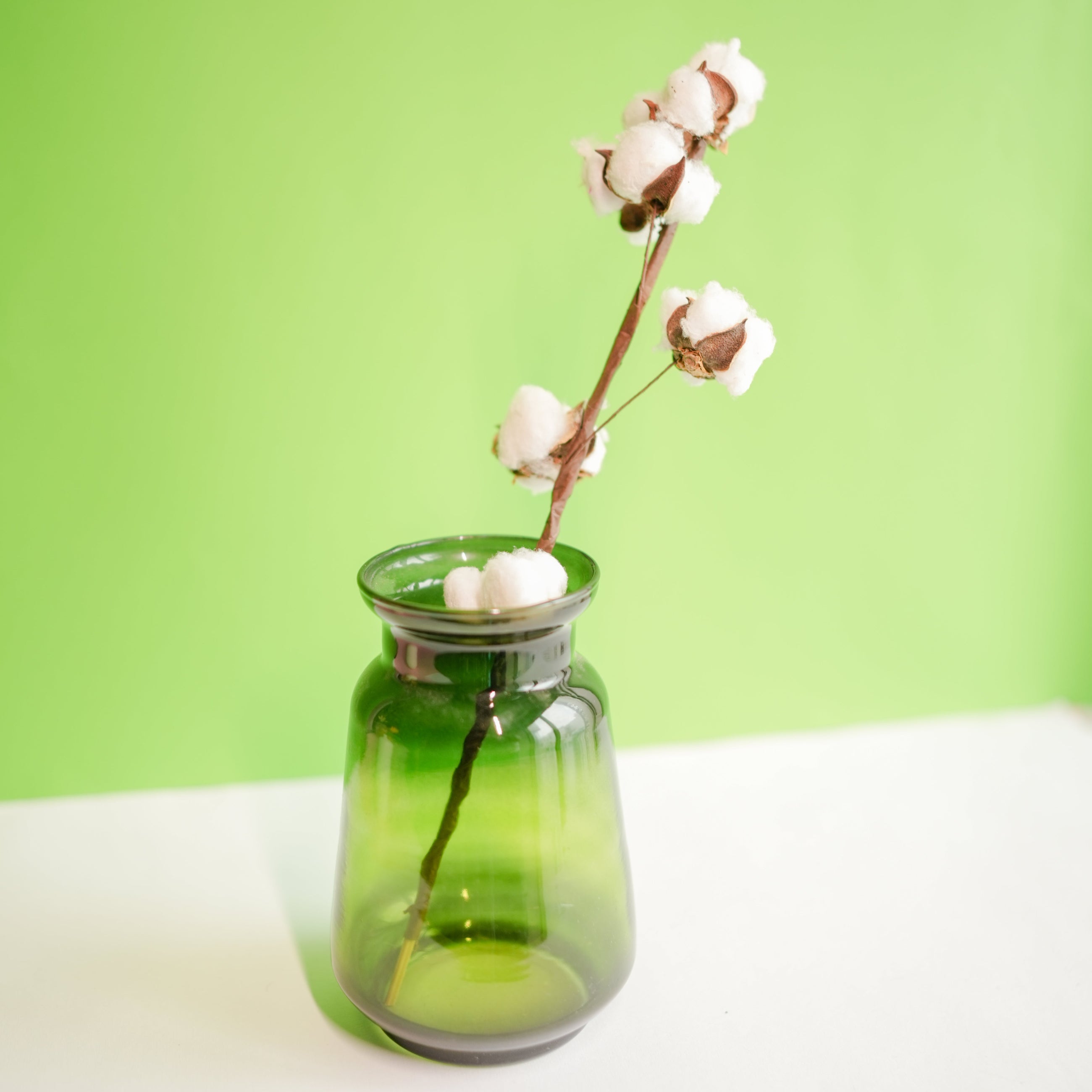 Emerald Green Glass Vase with cotton stem