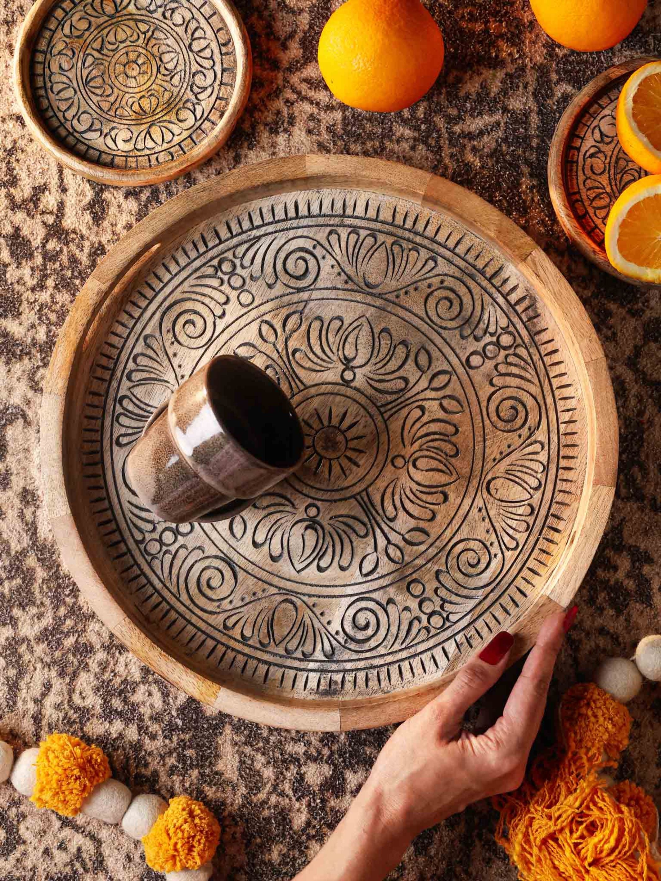 Carved Wood Round Tray Black