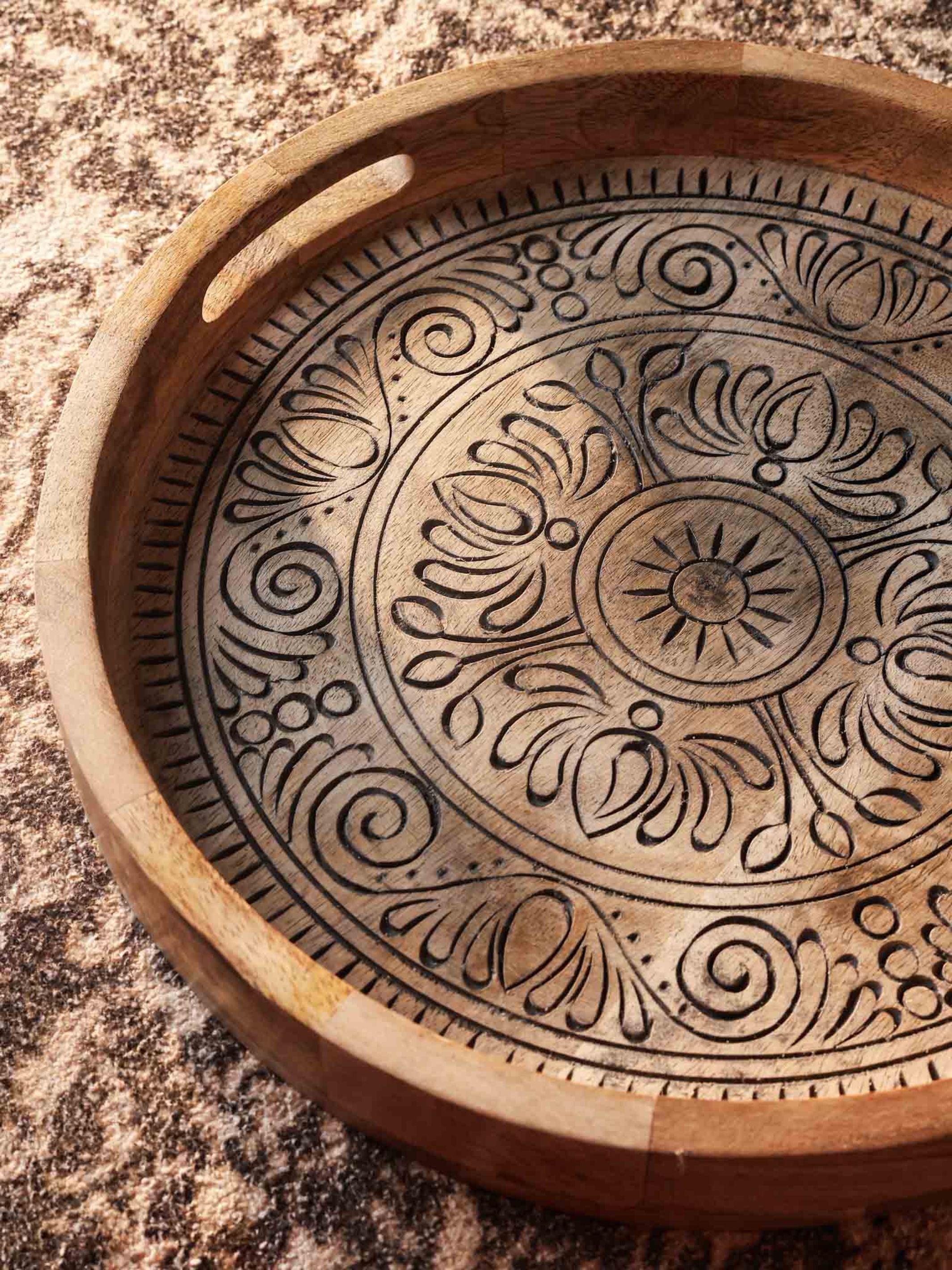 Carved Wood Round Tray Black