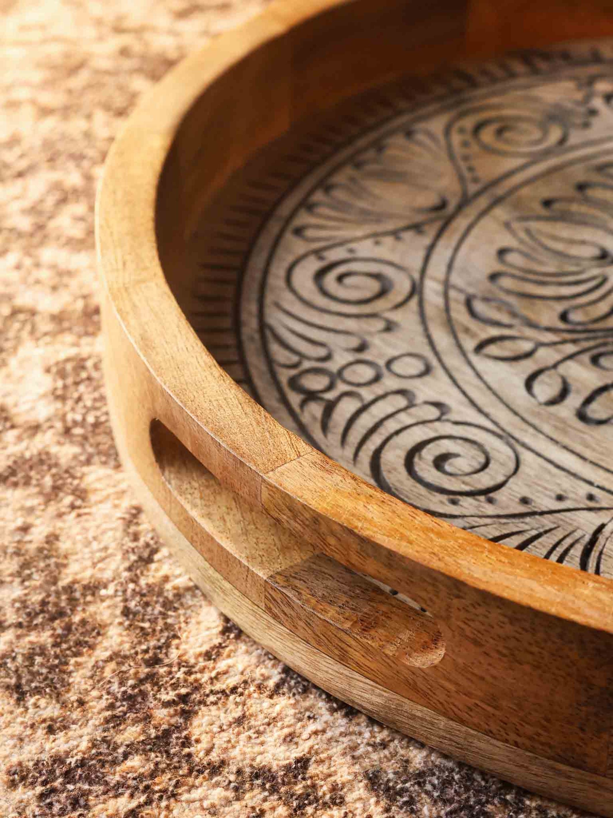 Carved Wood Round Tray Black