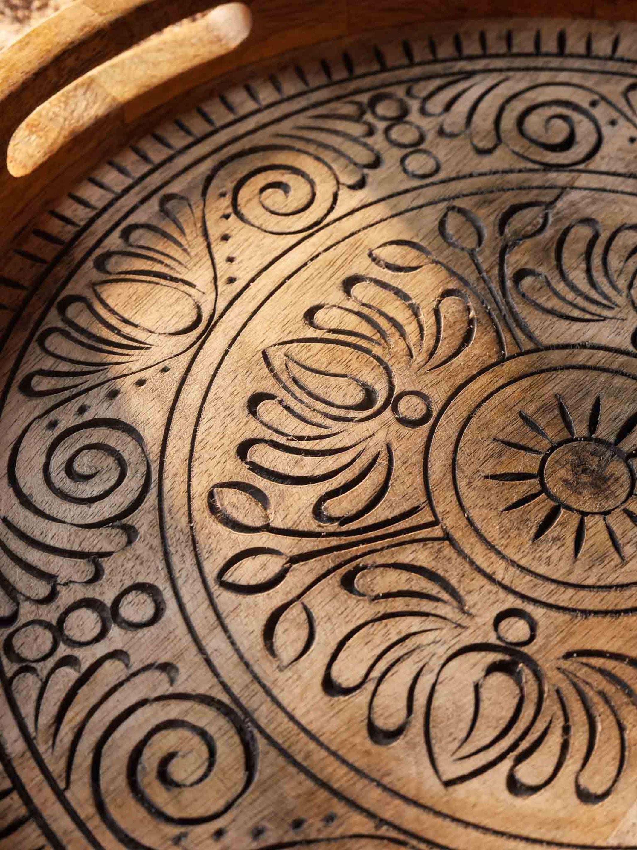 Carved Wood Round Tray Black