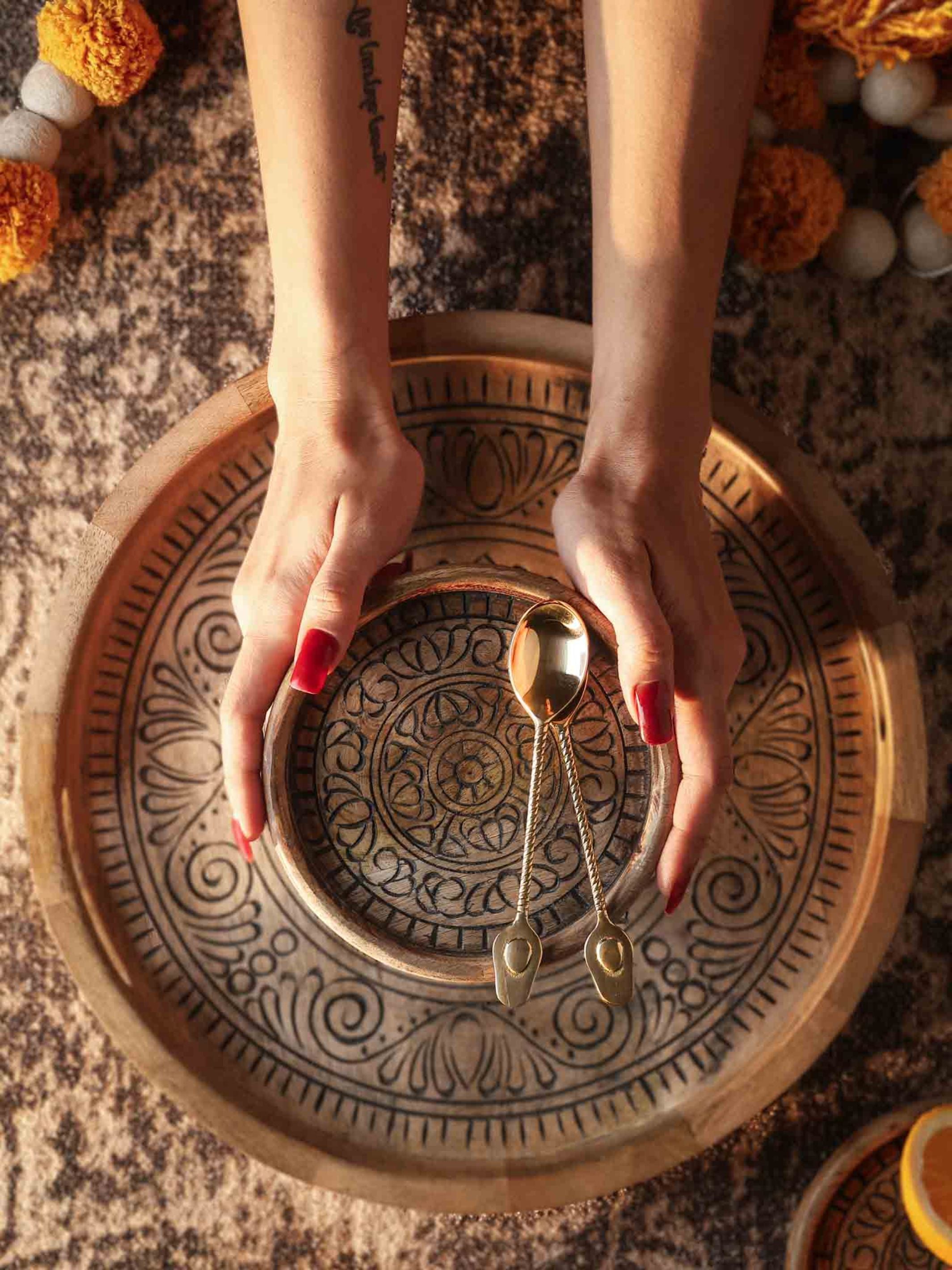 Carved Wood Small Tray Set of 2 Black