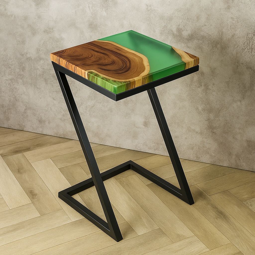 Epoxy Solid Wood End Table – Teak Wood with Green Resin Finish