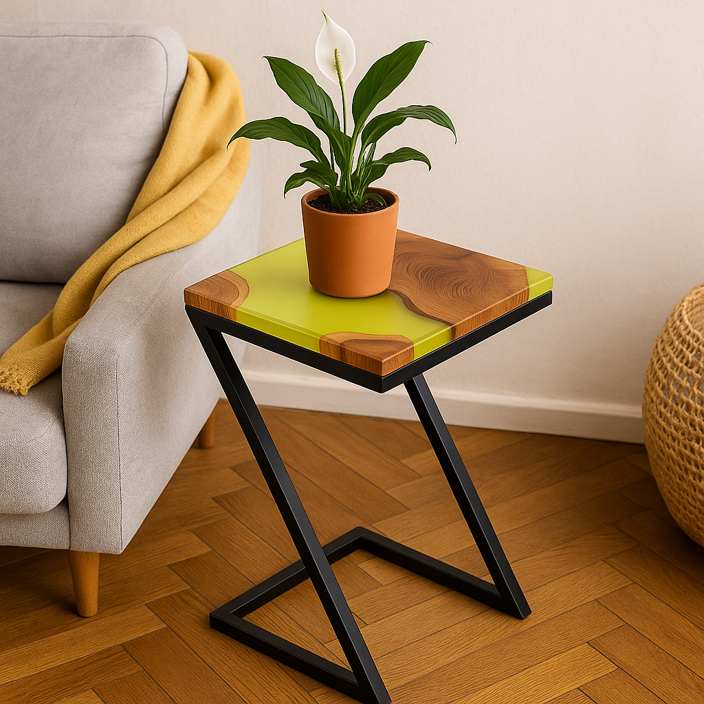 Epoxy Solid Wood End Table – Teak Wood with Lemon Resin Finish