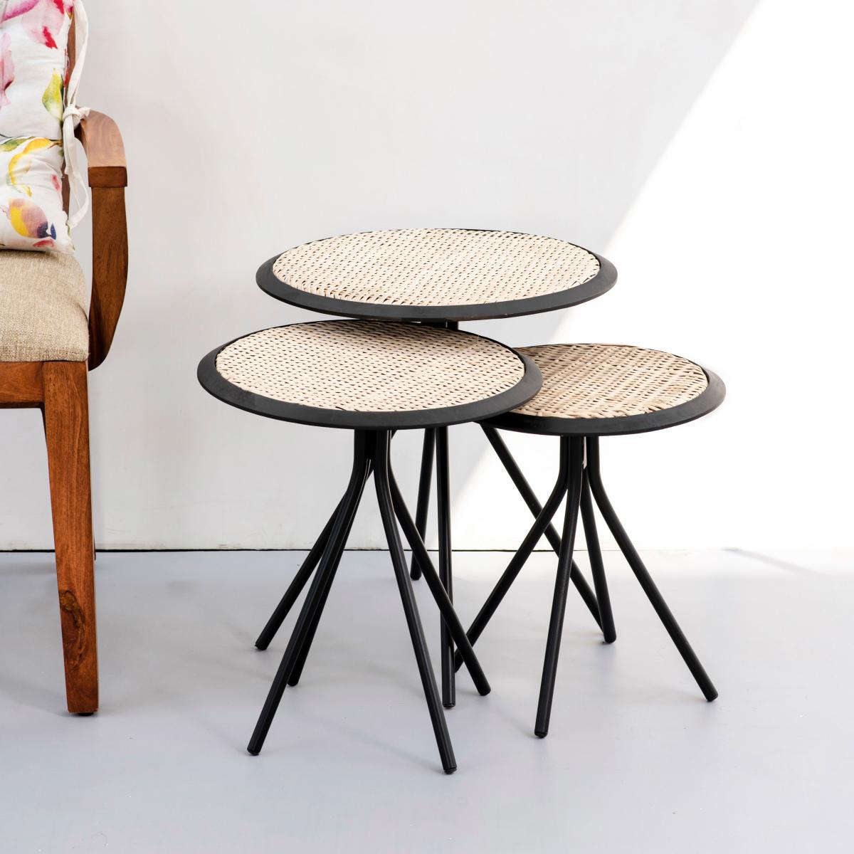 Earthy Black Cane Table Set of 3