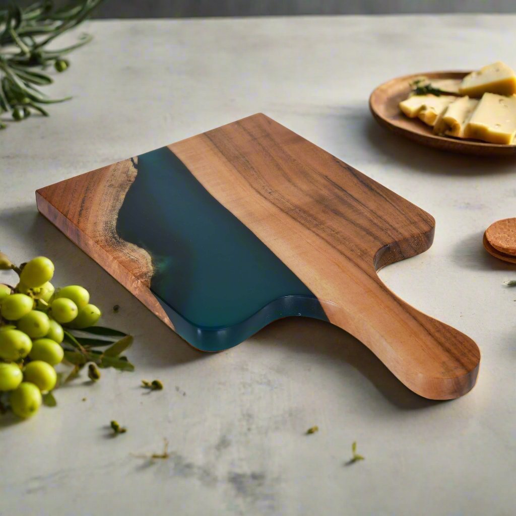 Cheese Board Platter – Acacia Wood with Aqua Blue Resin Finish