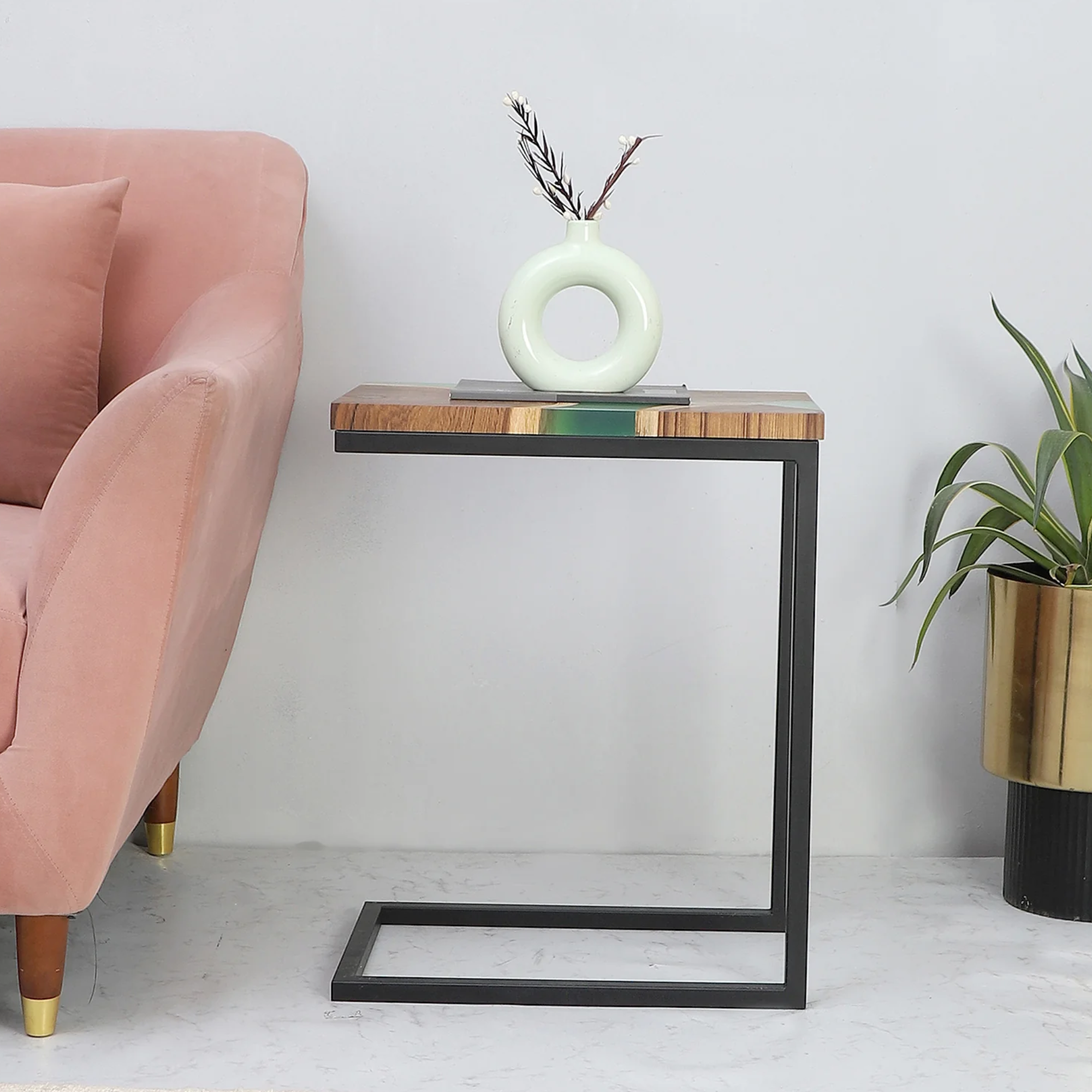 Premium Side Table – Teak Wood with Green Resin Finish