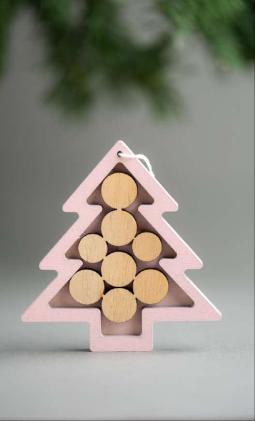 Pink Wooden Christmas Tree Hanging Ornament with Circular Cutouts_CC45