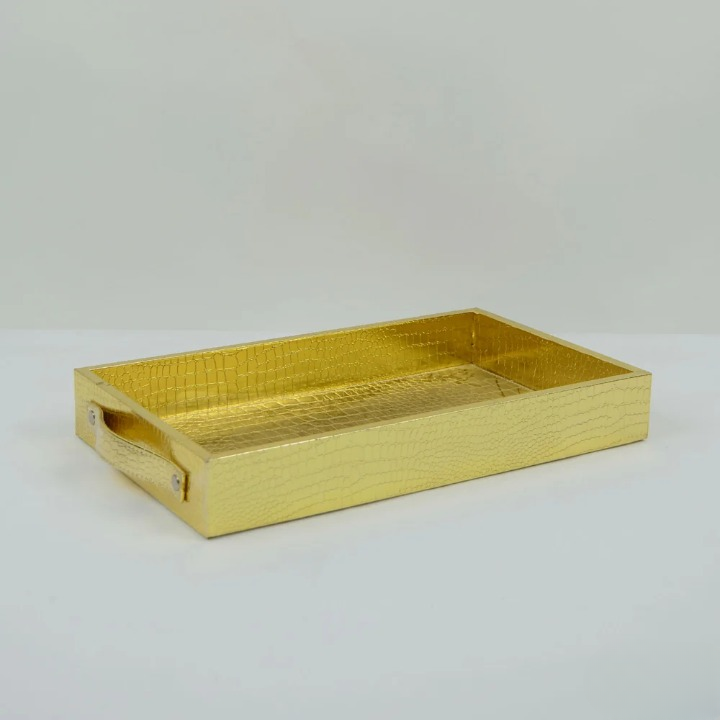 Vegan Leather Rectangular Serving Tray with Handles-Gold