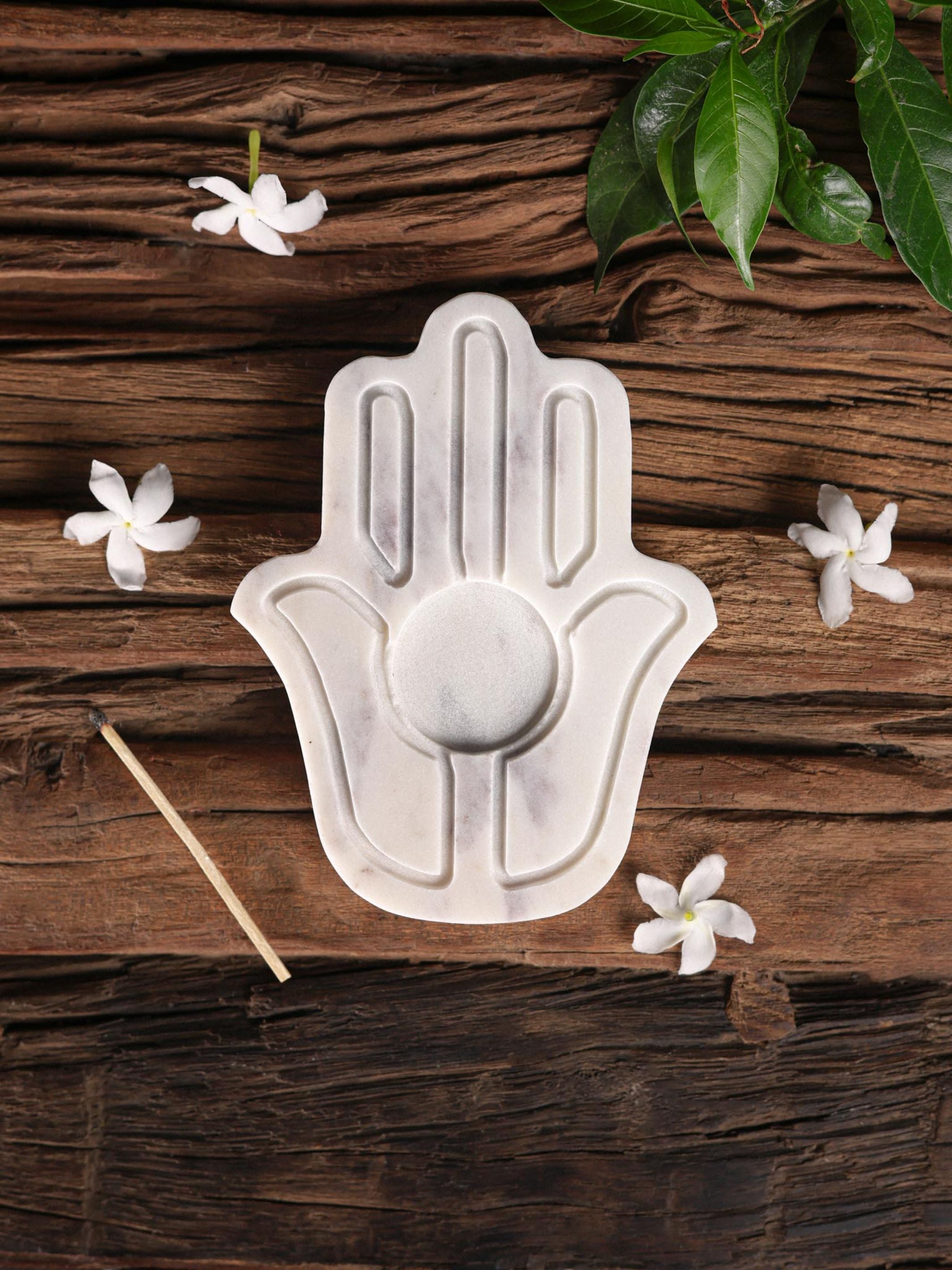 Tea Light Candle Holder -White Marble in Hamsa