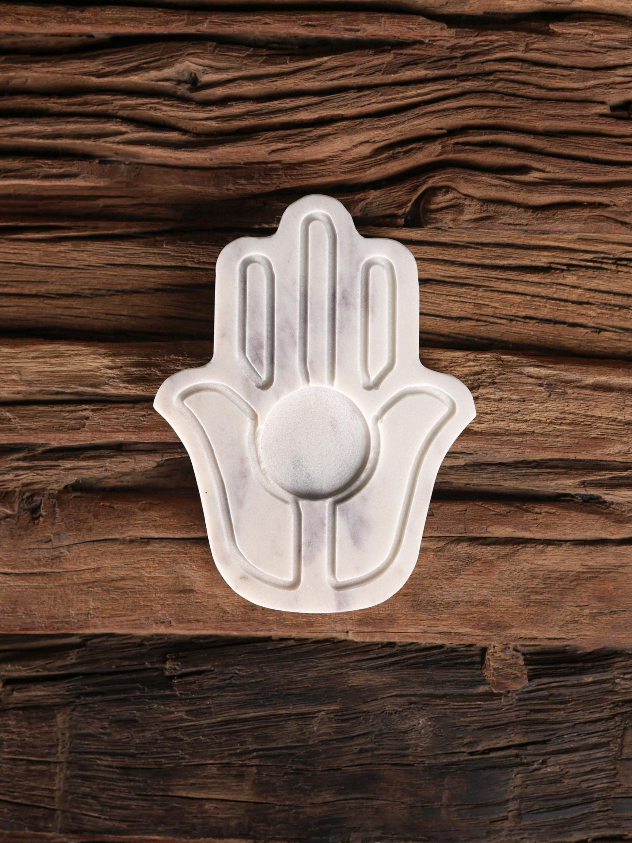 Tea Light Candle Holder -White Marble in Hamsa