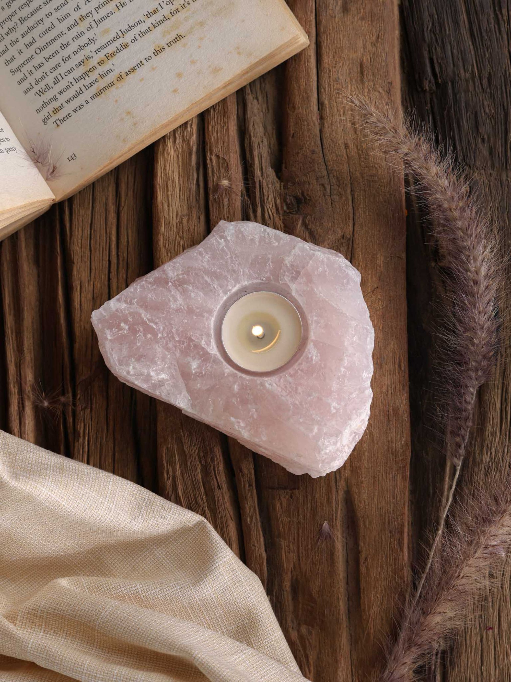 Tea Light Candle Holder - Pink Rose Quartz Drilled