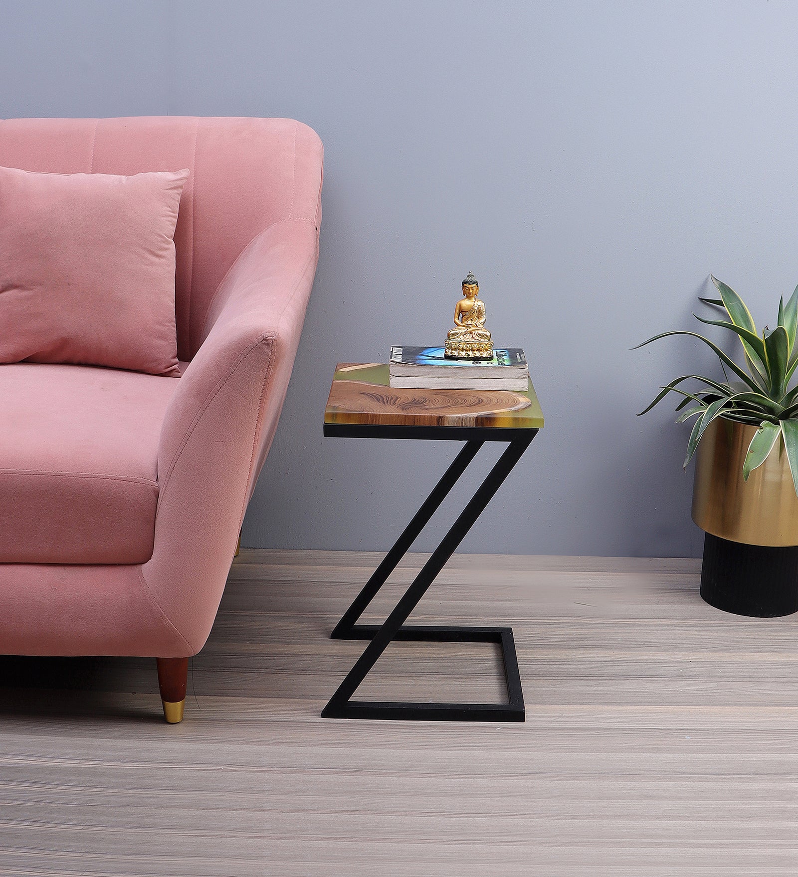 Epoxy Solid Wood End Table – Teak Wood with Lemon Resin Finish