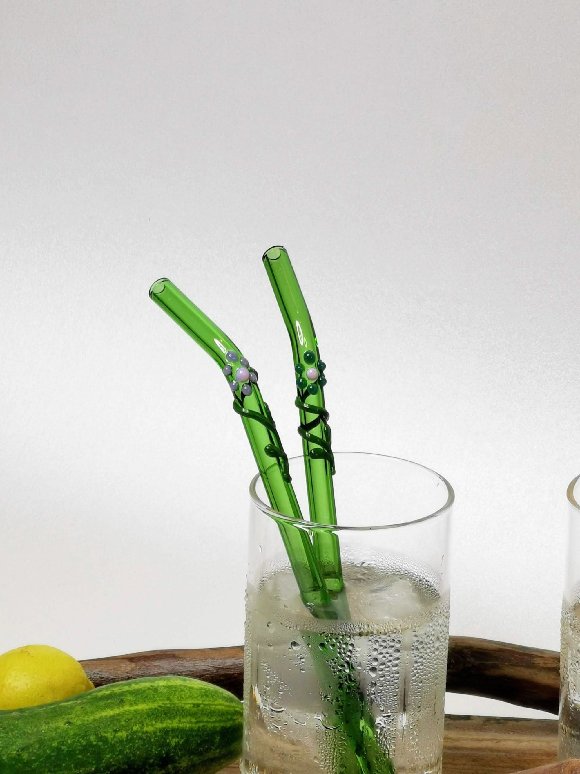 Glass Straws Floral Art Set of 2 - Green