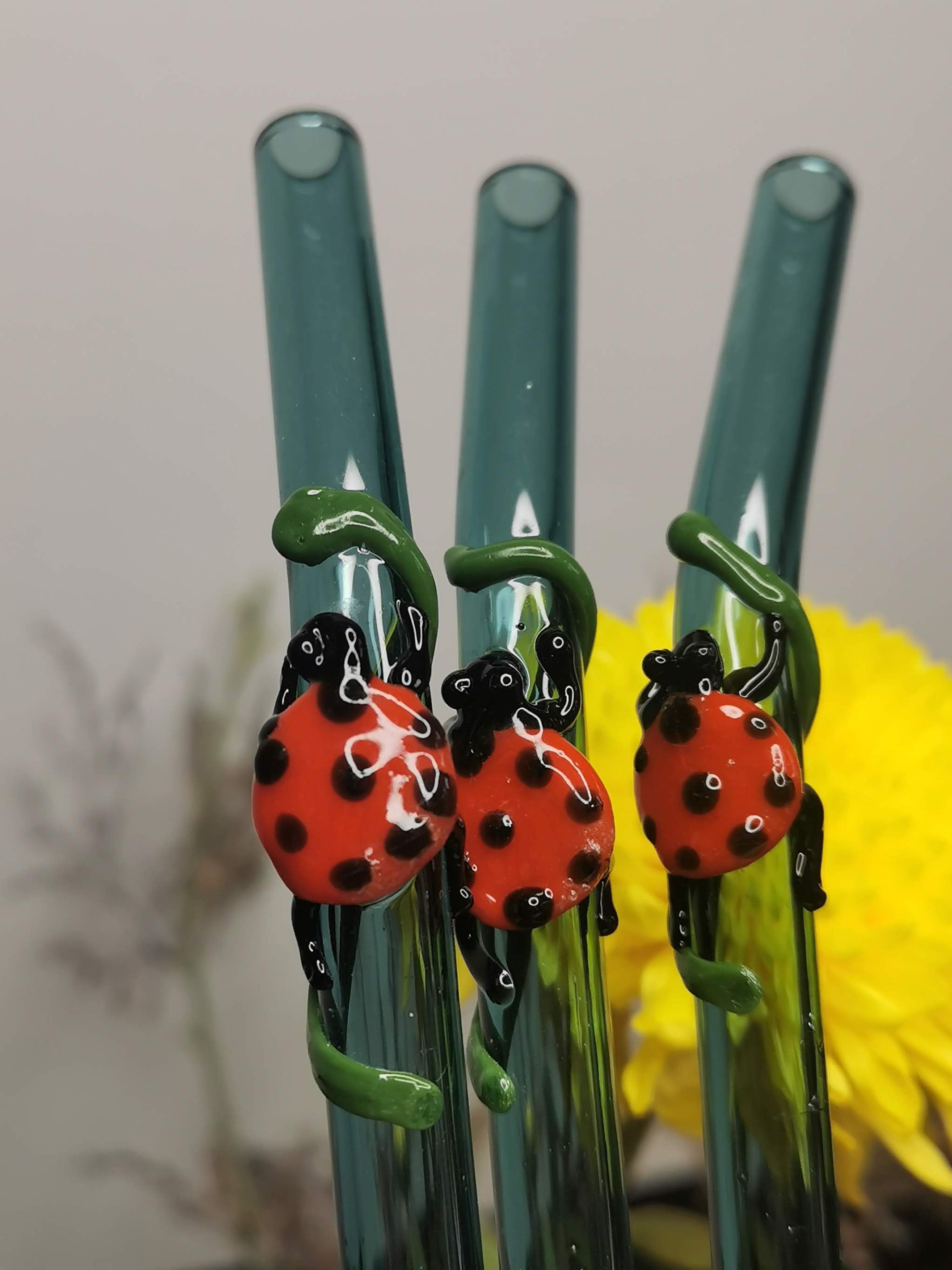 Lady Bug Collection (Teal Green) Glass Straws -Set of 2