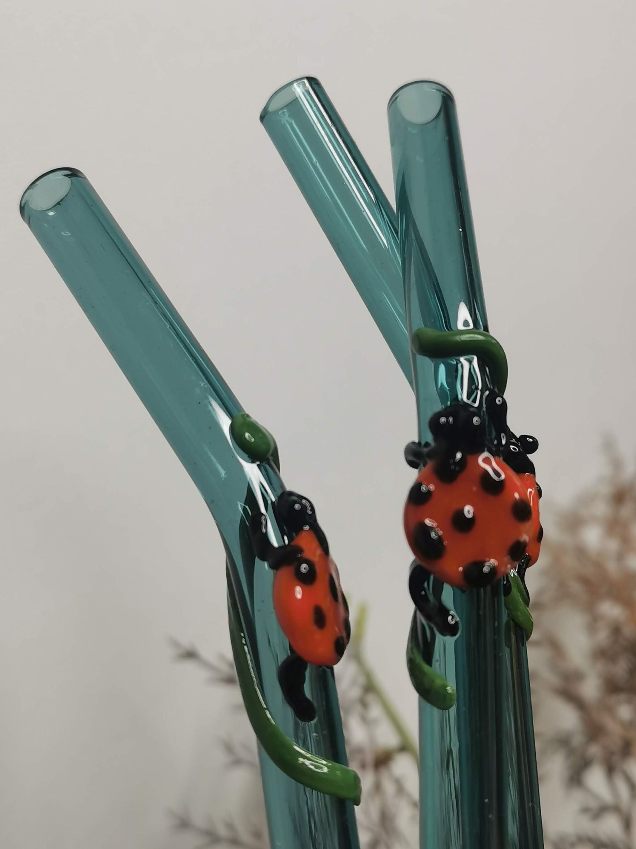Lady Bug Collection (Teal Green) Glass Straws -Set of 2