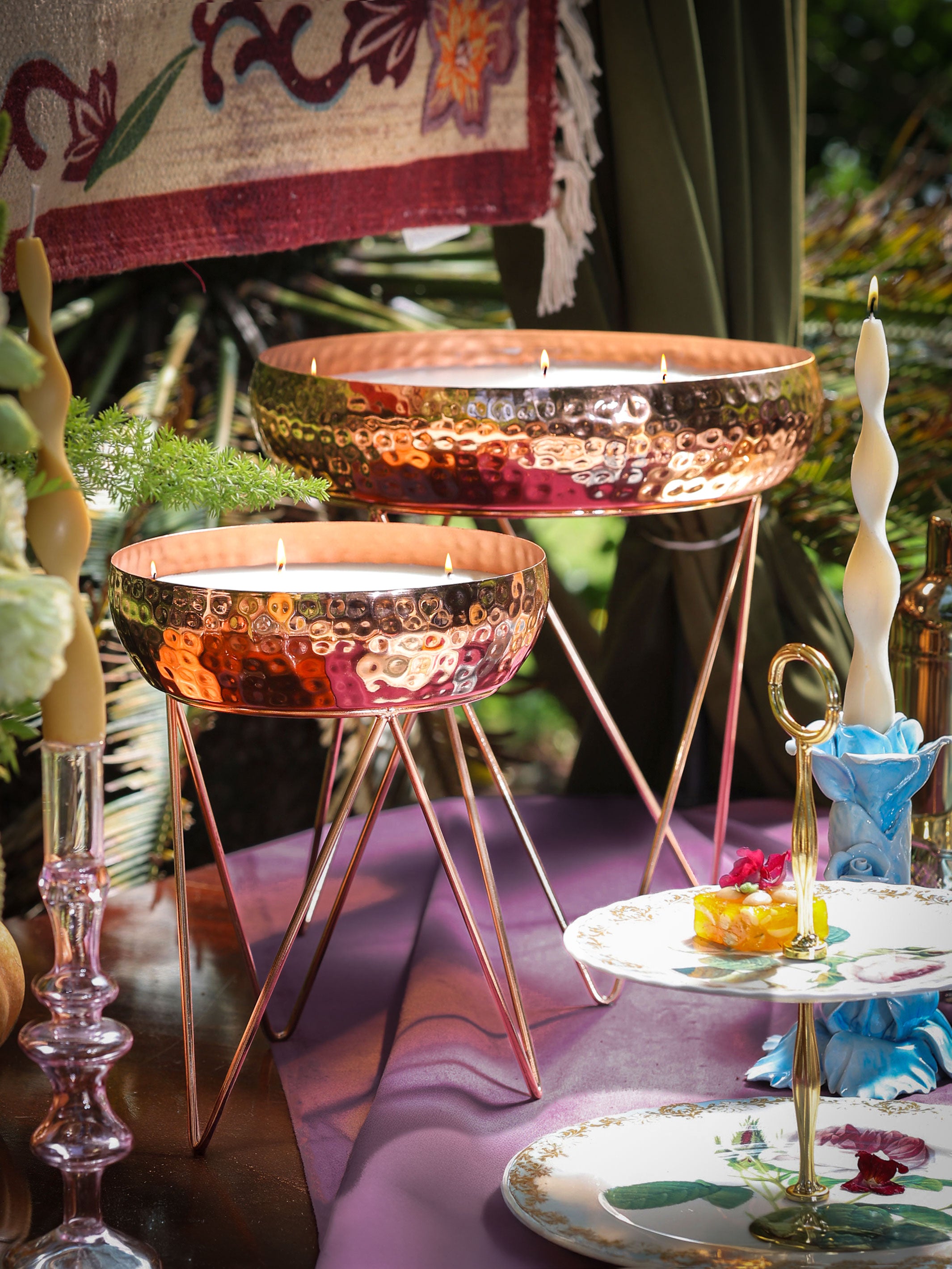 Stardust Rose Gold Hammered Candle Urlis on a stand set of 3