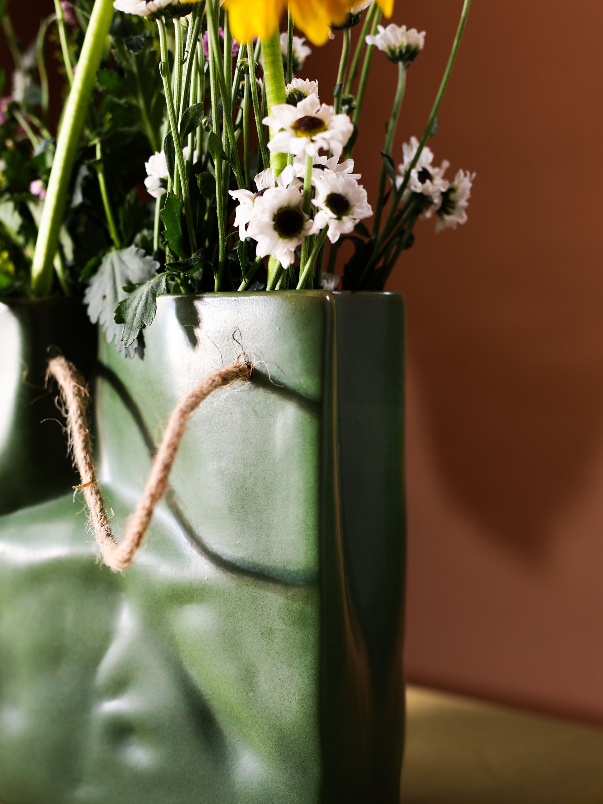 Glimpse Crinkled Paper Bag Shaped Ceramic Vase | Unconventional & Artistic | 8 inch Flower Vase | Olive Green