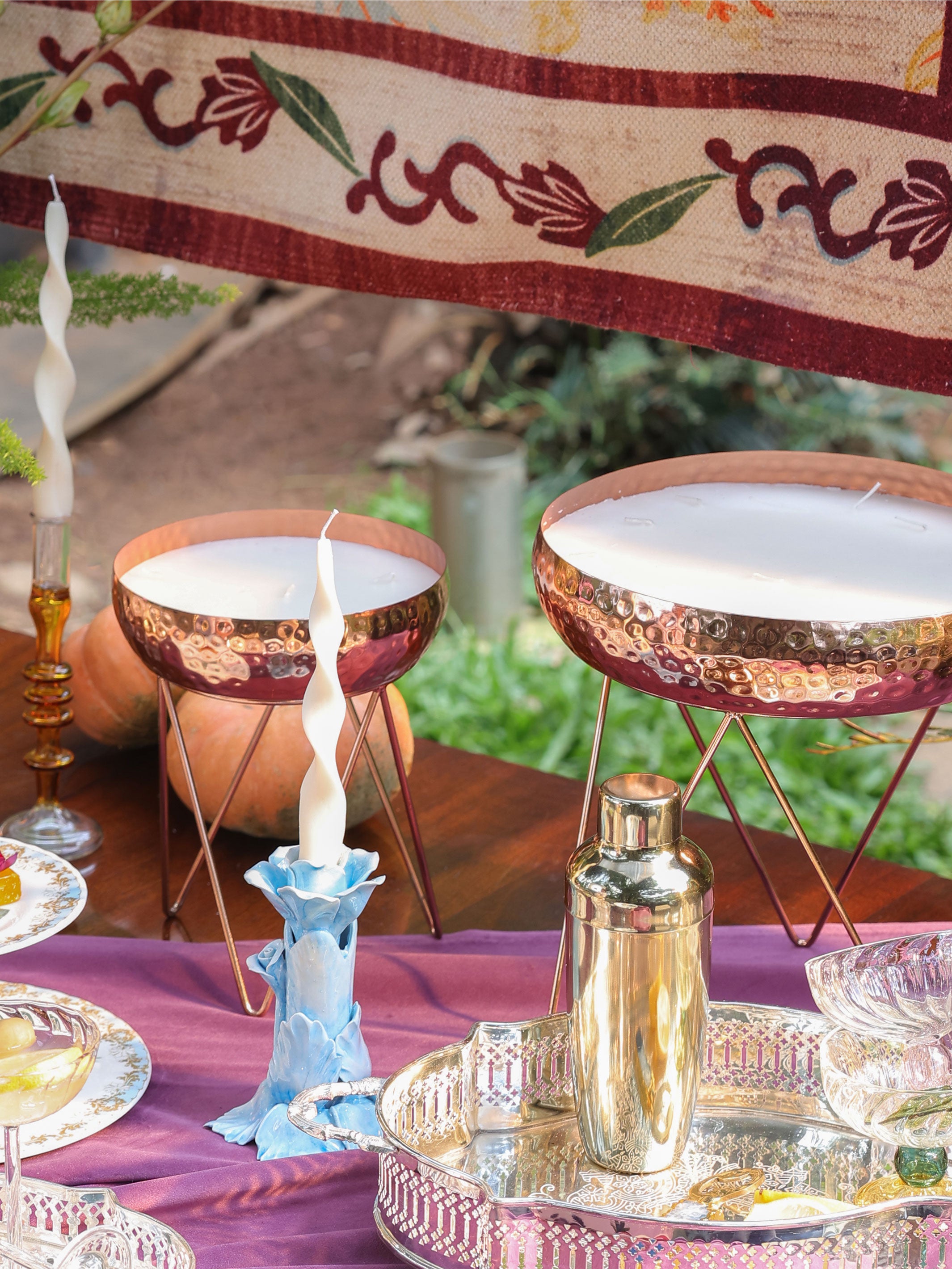 Stardust Rose Gold Hammered Candle Urlis on a stand set of 3