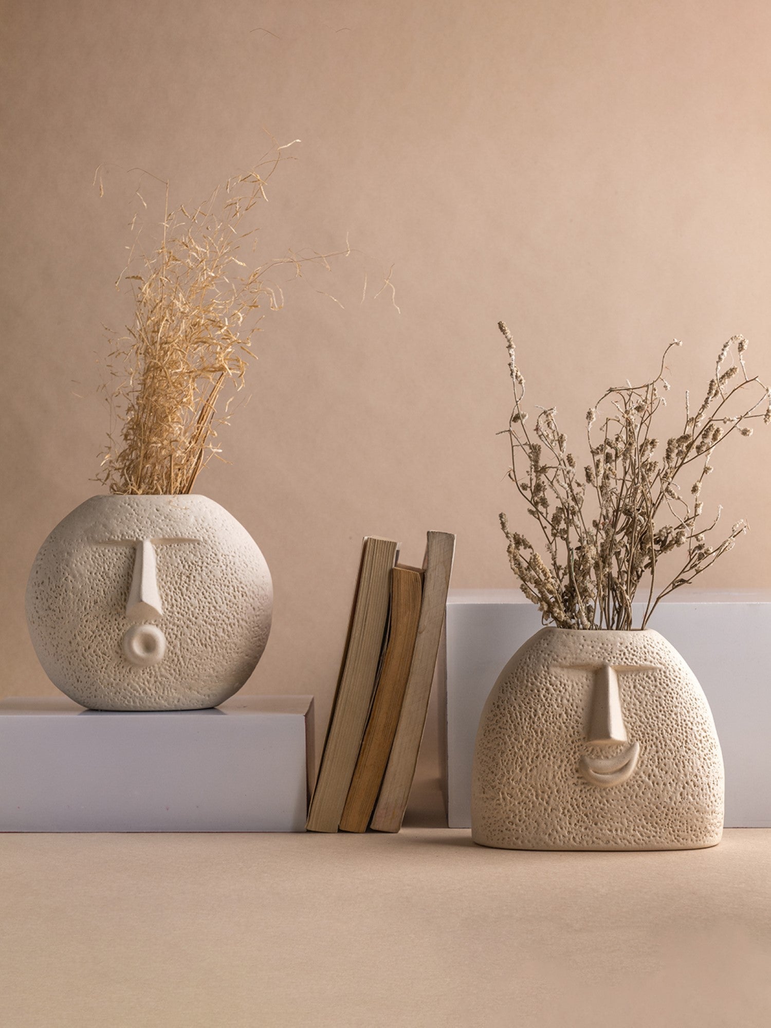 Ceramic Flower Vase | Set of 2 | Upbeat Face Vase 5.5" & Blowing Kiss Face Vase 6" | Ivory| Raw Finish