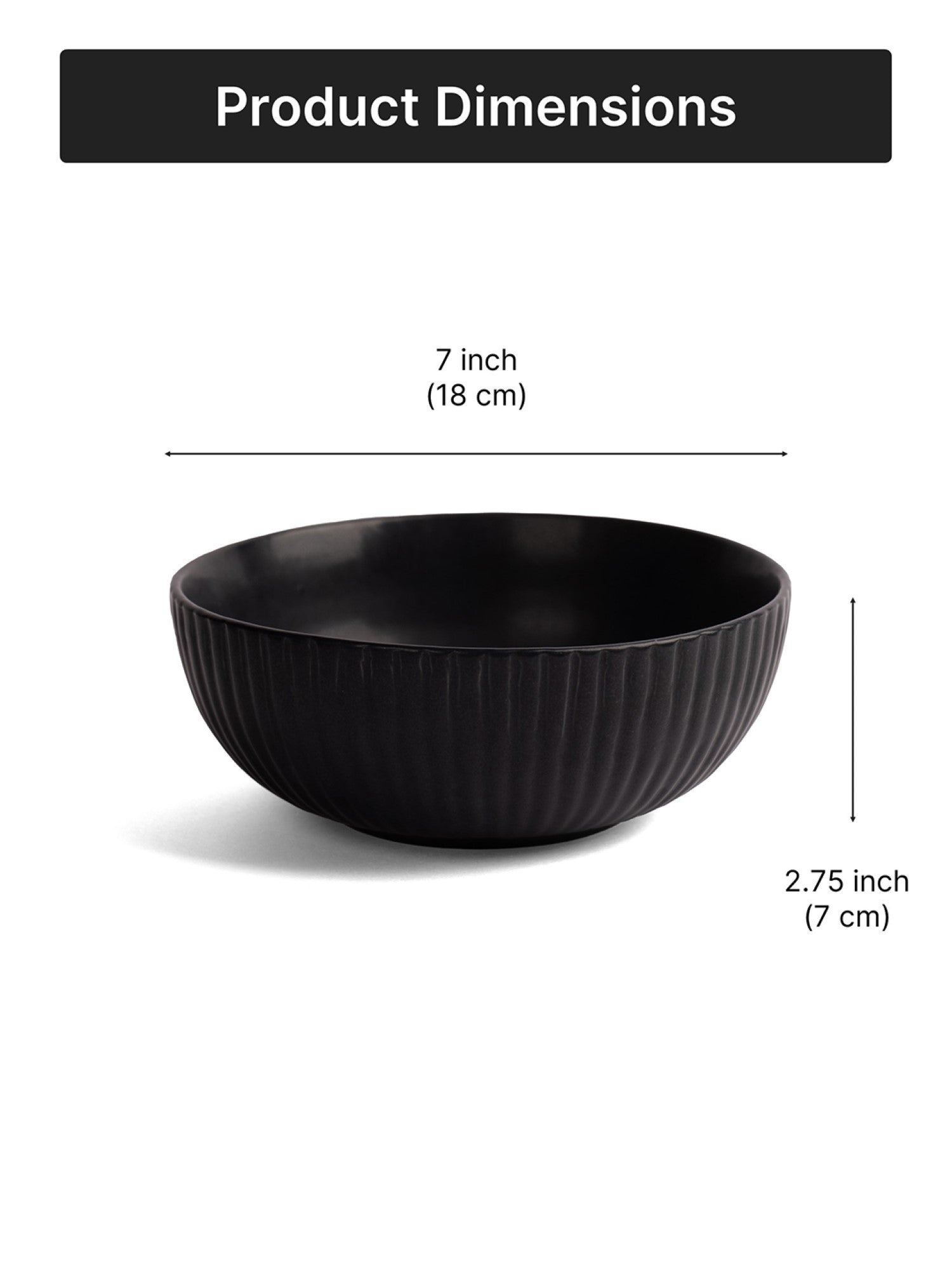 Matte Black Ceramic Serving Bowl| 7 inch| Microwave Safe - Ribbed Black