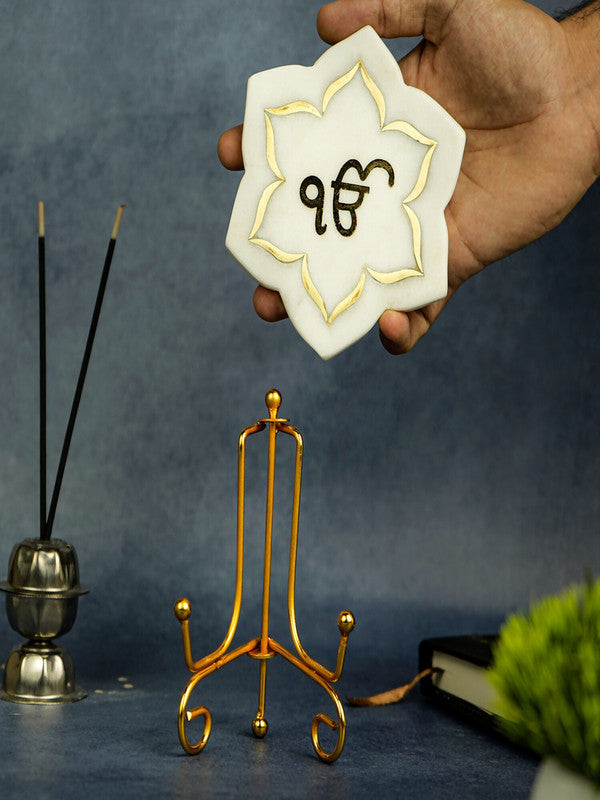 Ik Onkar Floral shape Marble with Brass Inlay Metal Stand Showpiece